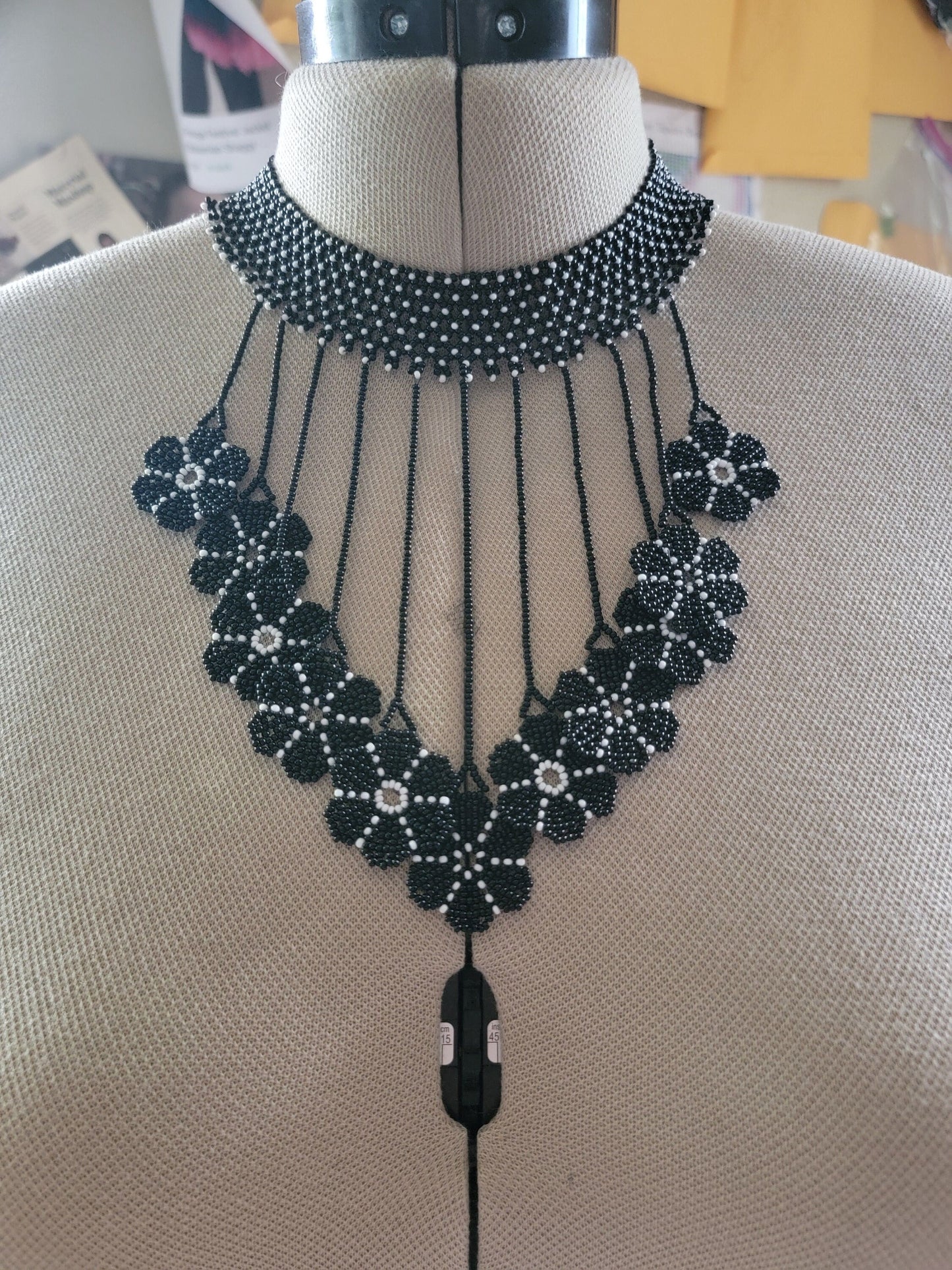 Beaded Black Medallions Choker Necklace, Black Flower Necklace, Boho Jewelry, Handmade beaded Necklaces, Flower Choker