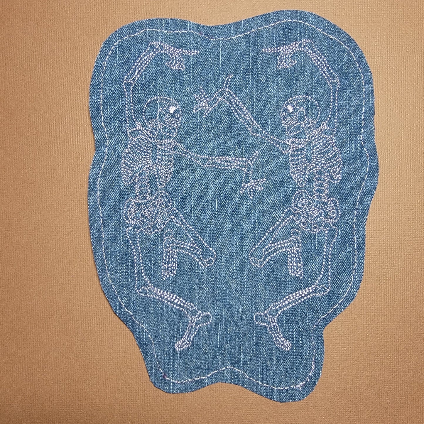 Skeleton, Lacy Skeleton Applique, Dancing Skeletons, Skeletons on upcycled denim.