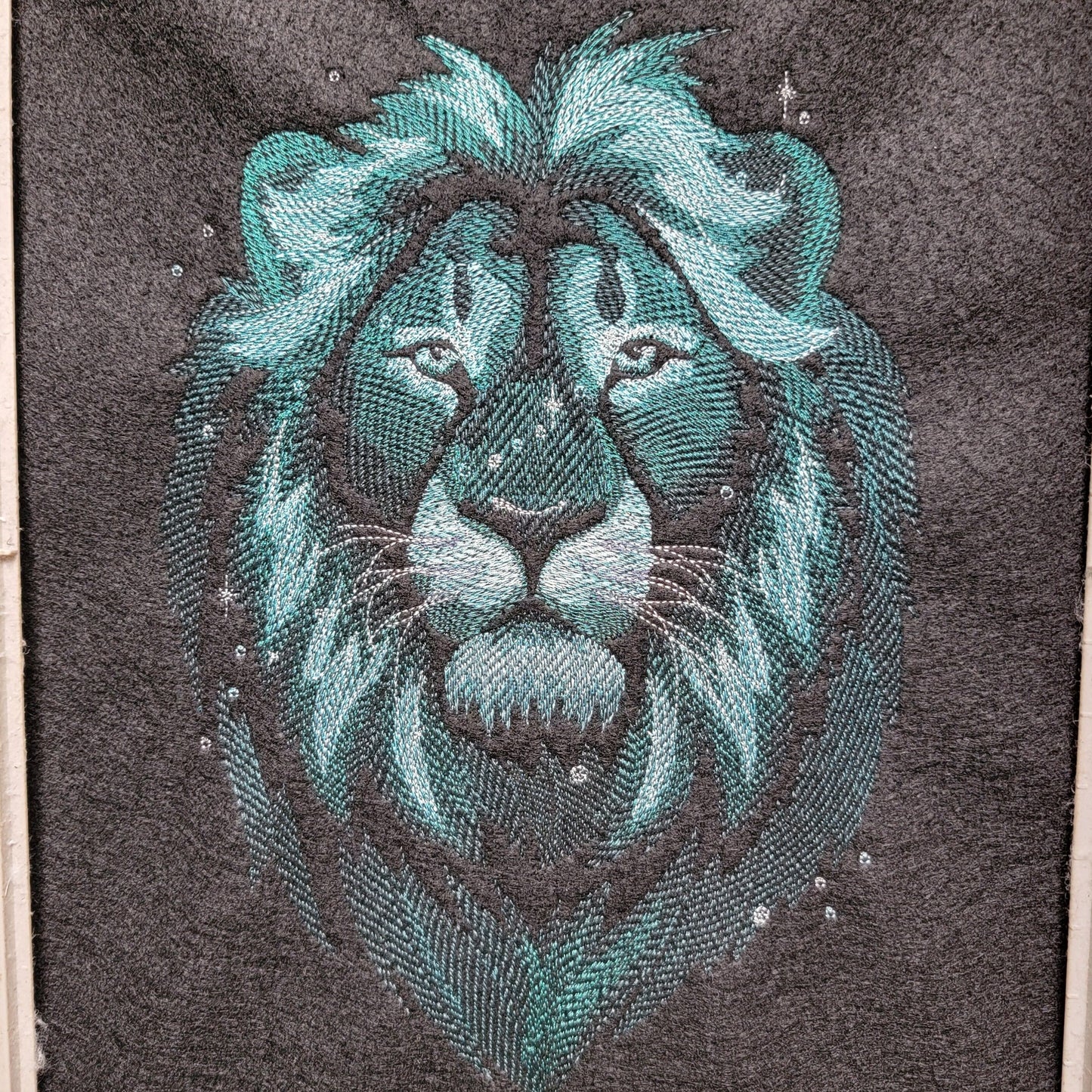 Lion Patch or Tapestry, Blue Embroidered Lion on Black Felt, Iron- On Patch, Wall Hanging