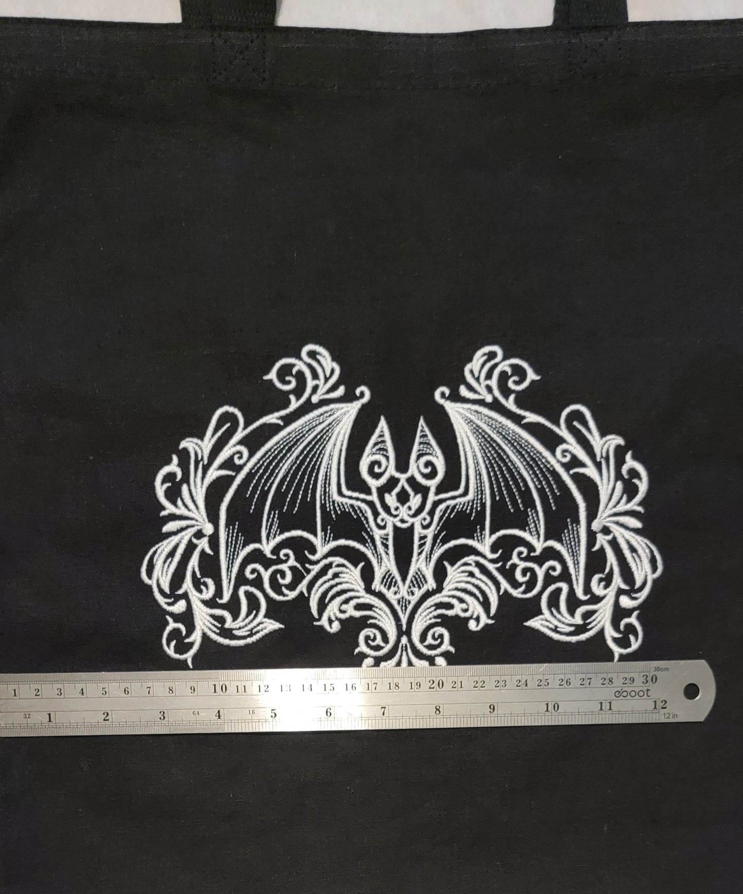 BATS, White Bat Embroidered Black Tote Bag, Decorative Bats, Halloween Bags, Spooky Vibes, Goth, Scary, Dark Humor, Decor, Black Tote Bags