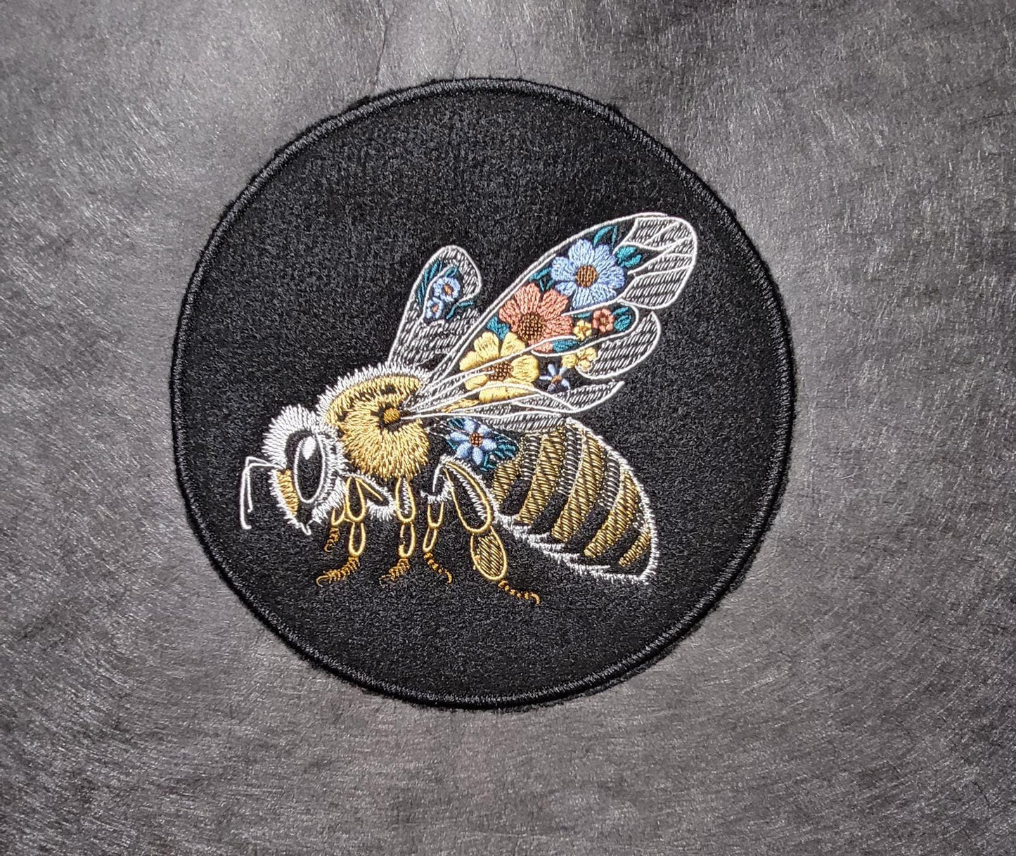 Bee Embroidery Patch, Beautifully Embroidered Bee on Black Felt with Iron-on placement adhesive.