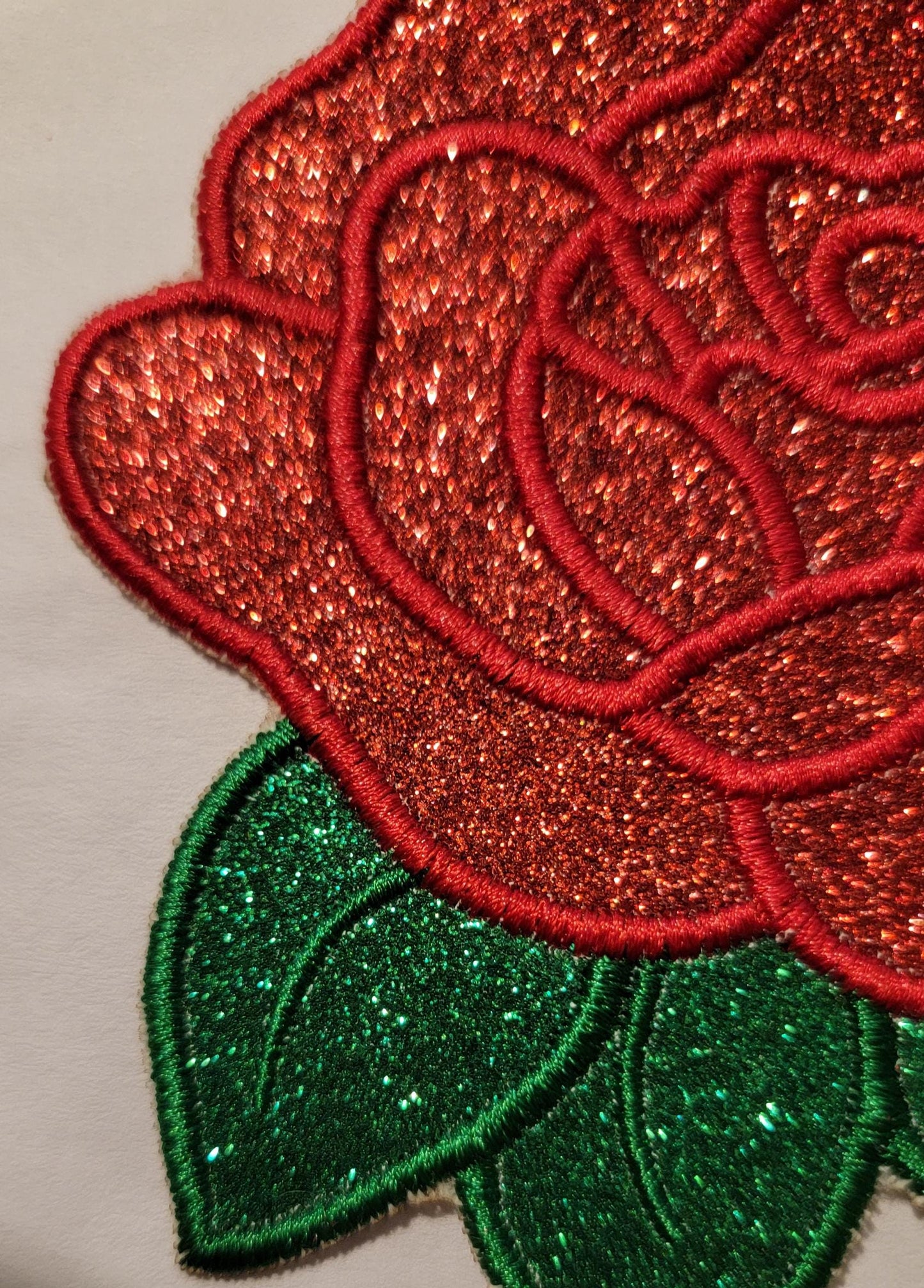 Rose Patch, Shimmering Glitter Vinyl, Red & Green Glitter Vinyl Rose Iron-On Patch, Multiple sizes perfect for the back of your jacket!