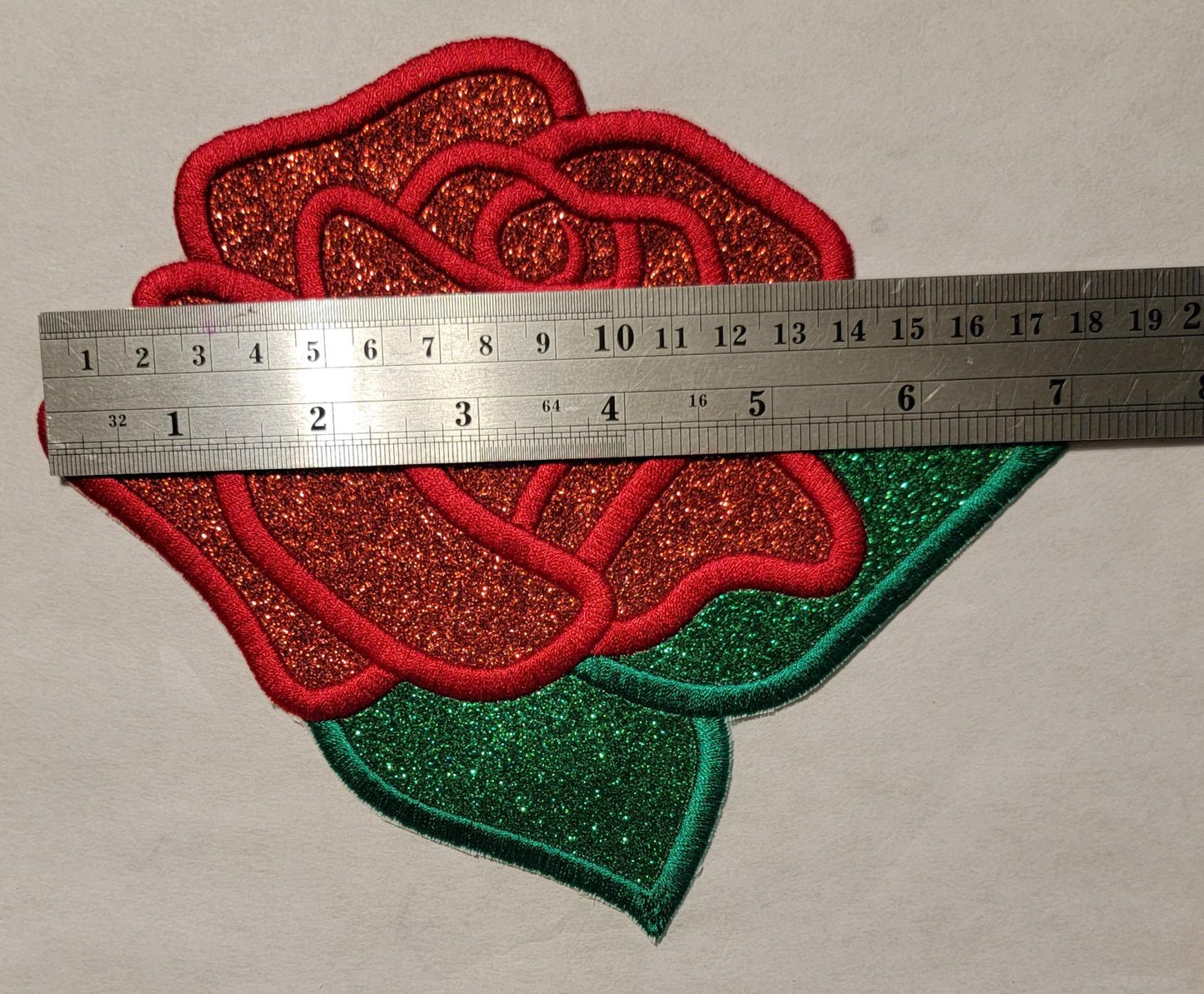 Rose Patch, Dazzling 6+-inch Embroidered Rose Glittered Patch.