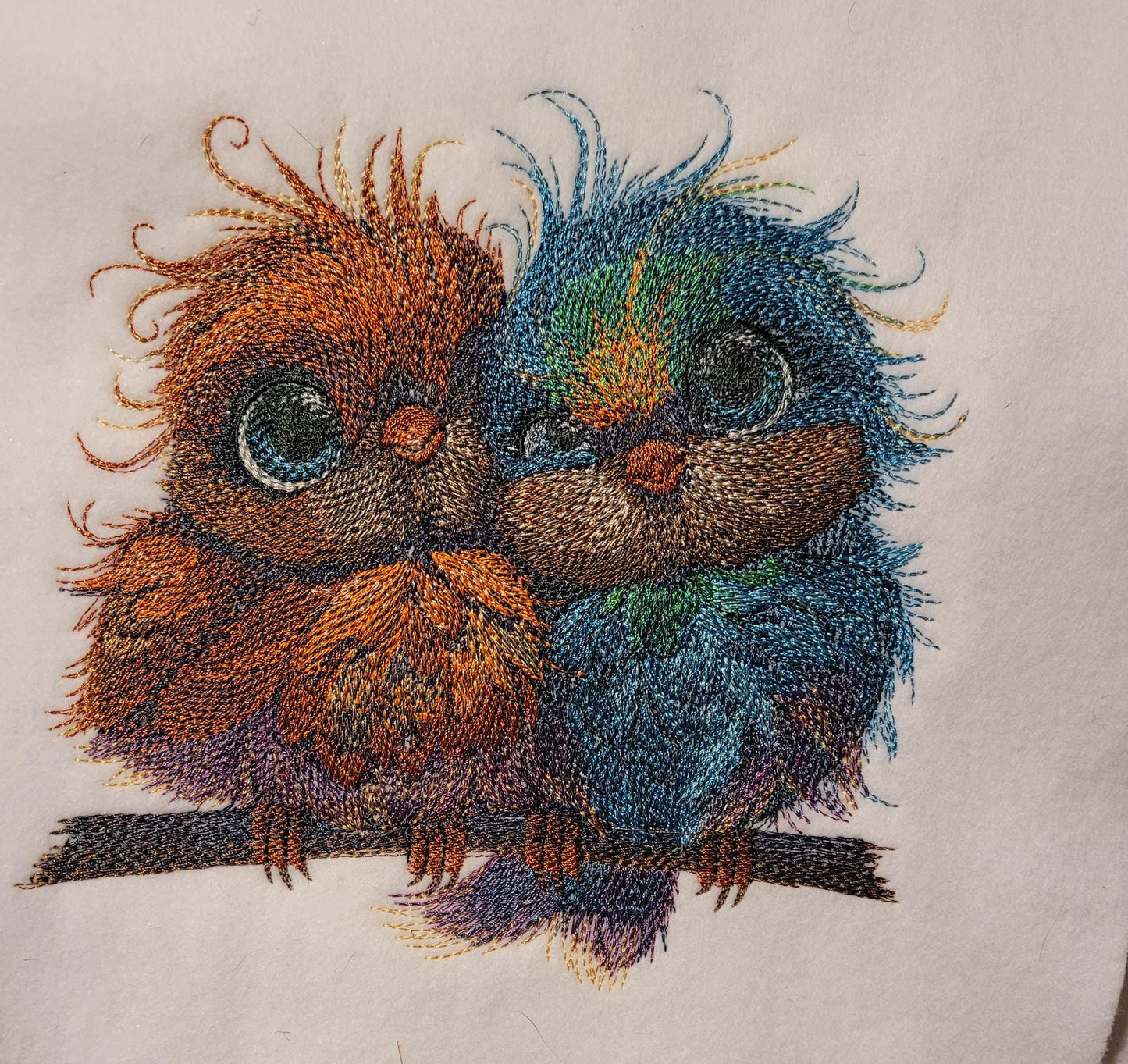 Birds, Embroidered Love Birds on Perch - Cute Blue & Orange Pair, Adorable, Sweet, and Charming. Whimsical and Colorful Bird Perch Decor.