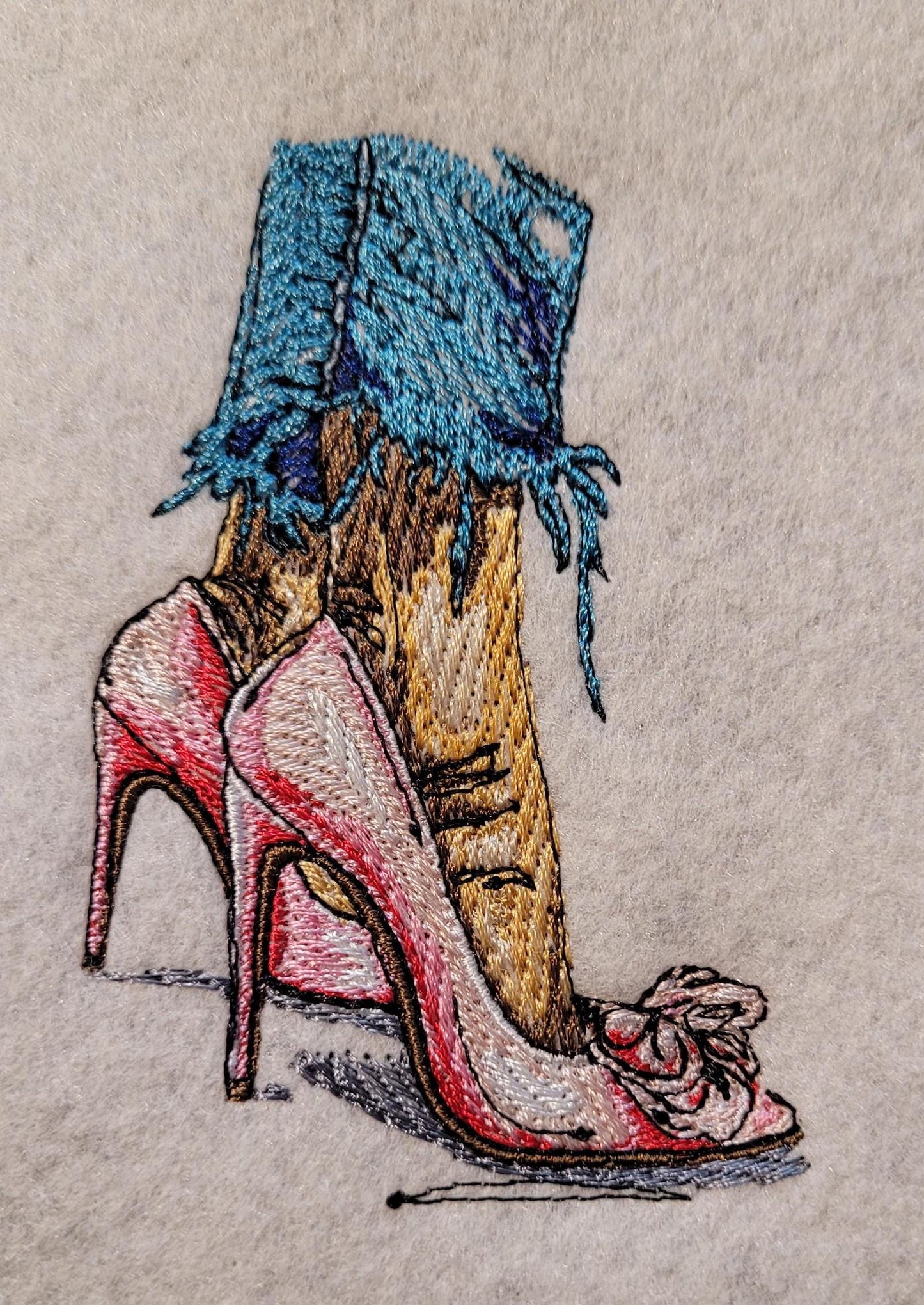 Red Heels, Lace & Denim: Red Heel Patch or 12x12" Felt Panel, Shredded Hem and Heels Iron-On Art, Crimson Bow Heels Embroidered Patch