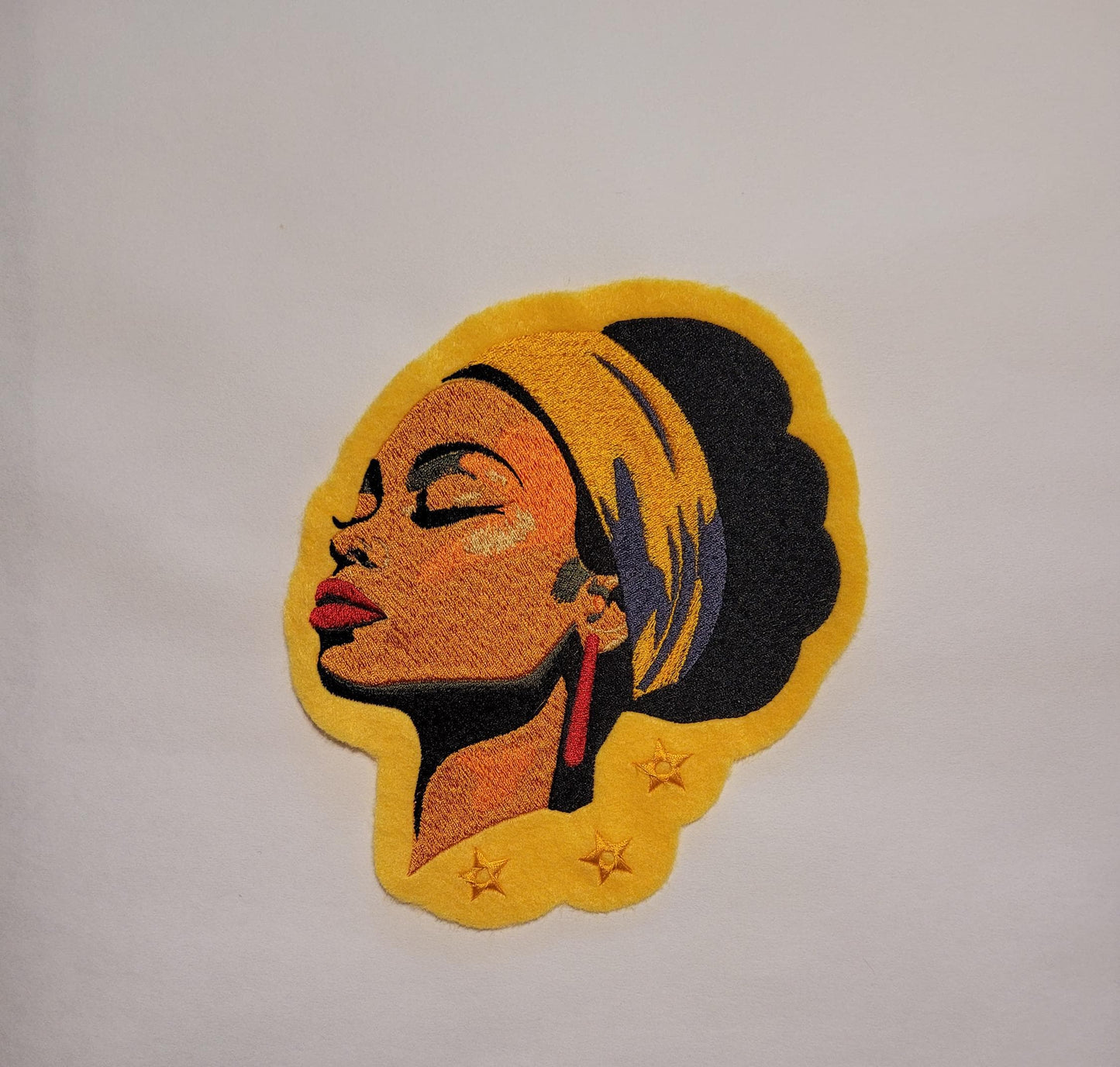 Black Women, Sun-Kissed Serenity: Golden Felt Iron-On Patch, Golden Hour Beauty, Empowered Peace Golden Felt Patch with Headwrap, Serenity