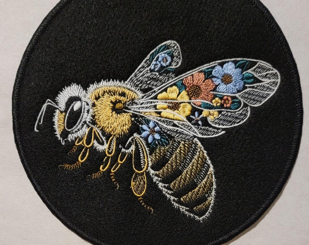 Bee Embroidery Patch, Beautifully Embroidered Bee on Black Felt