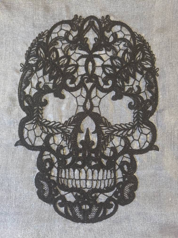 Skull Lace on Fabric. Skull Lace Applique, Embroidered, Vintage, Skeleton, Goth Style, Halloween, Horror, Spooky Season, Trick or Treat
