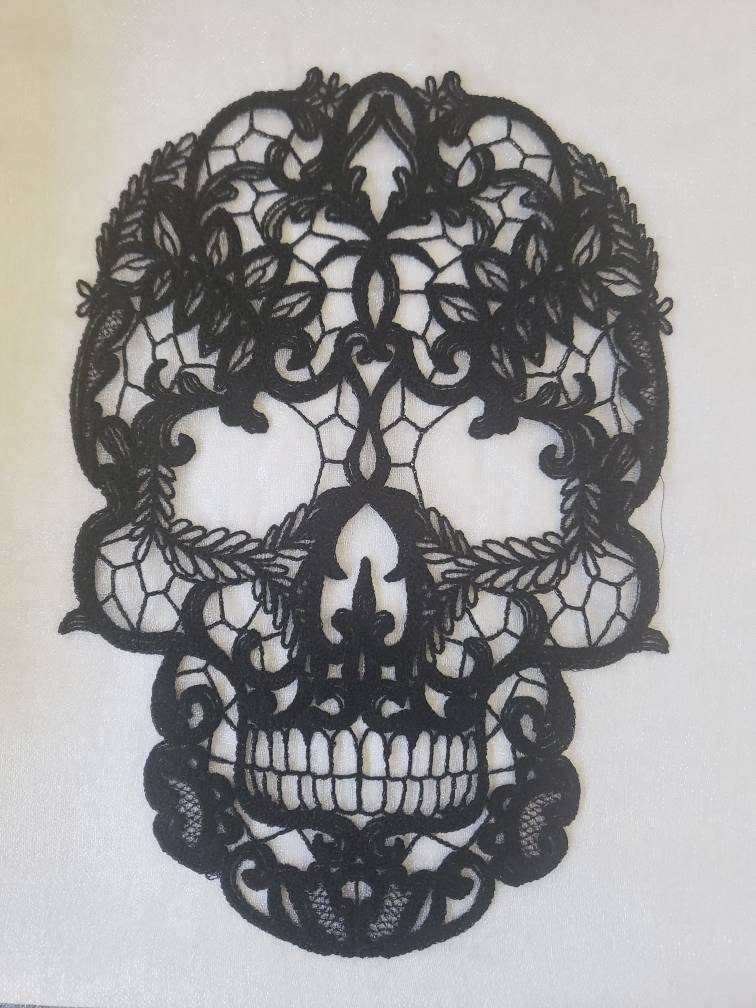 Skull Lace on Fabric. Skull Lace Applique, Embroidered, Vintage, Skeleton, Goth Style, Halloween, Horror, Spooky Season, Trick or Treat
