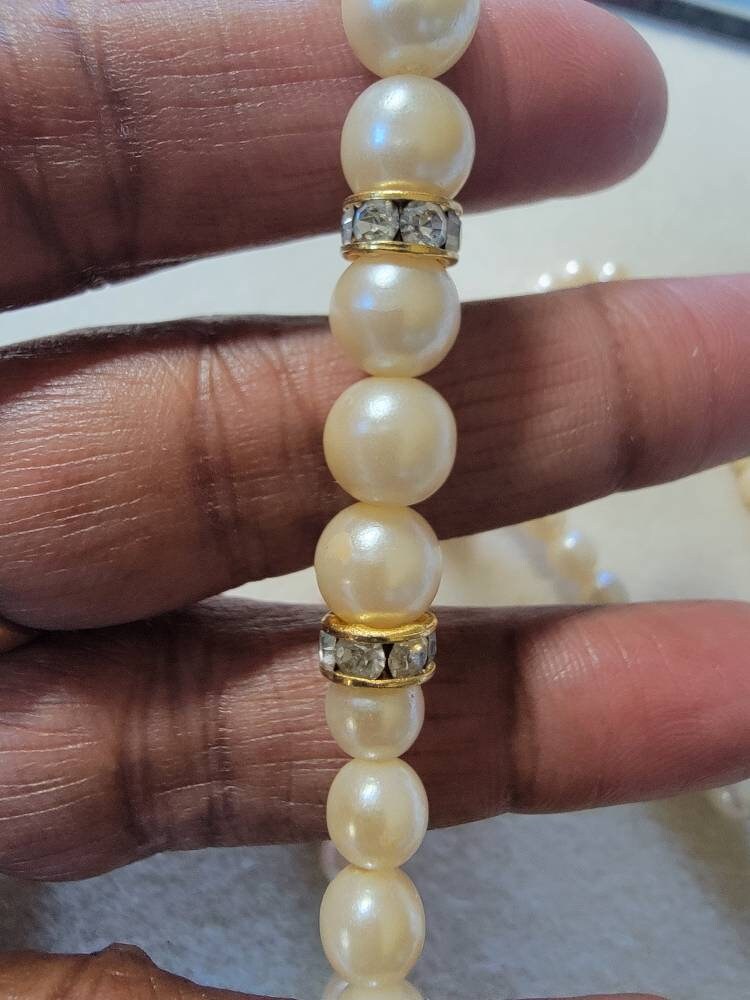 Vintage Faux Pearl Single Strand Necklace with Rhinestone, Vintage Jewelry, Vintage Necklace,