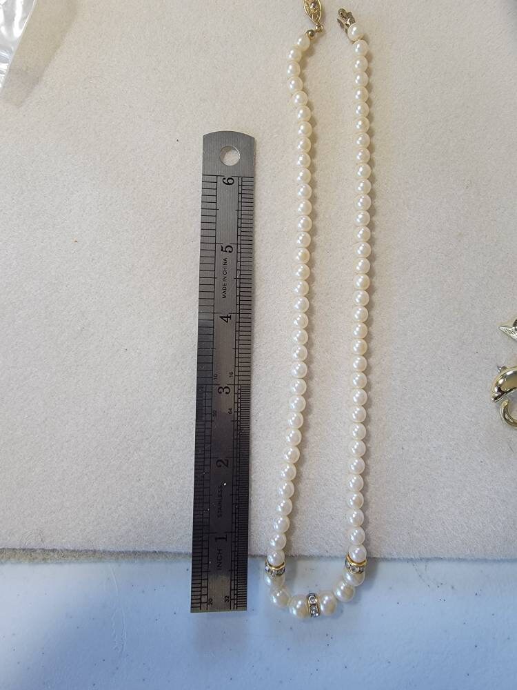 Vintage Faux Pearl Single Strand Necklace with Rhinestone, Vintage Jewelry, Vintage Necklace,