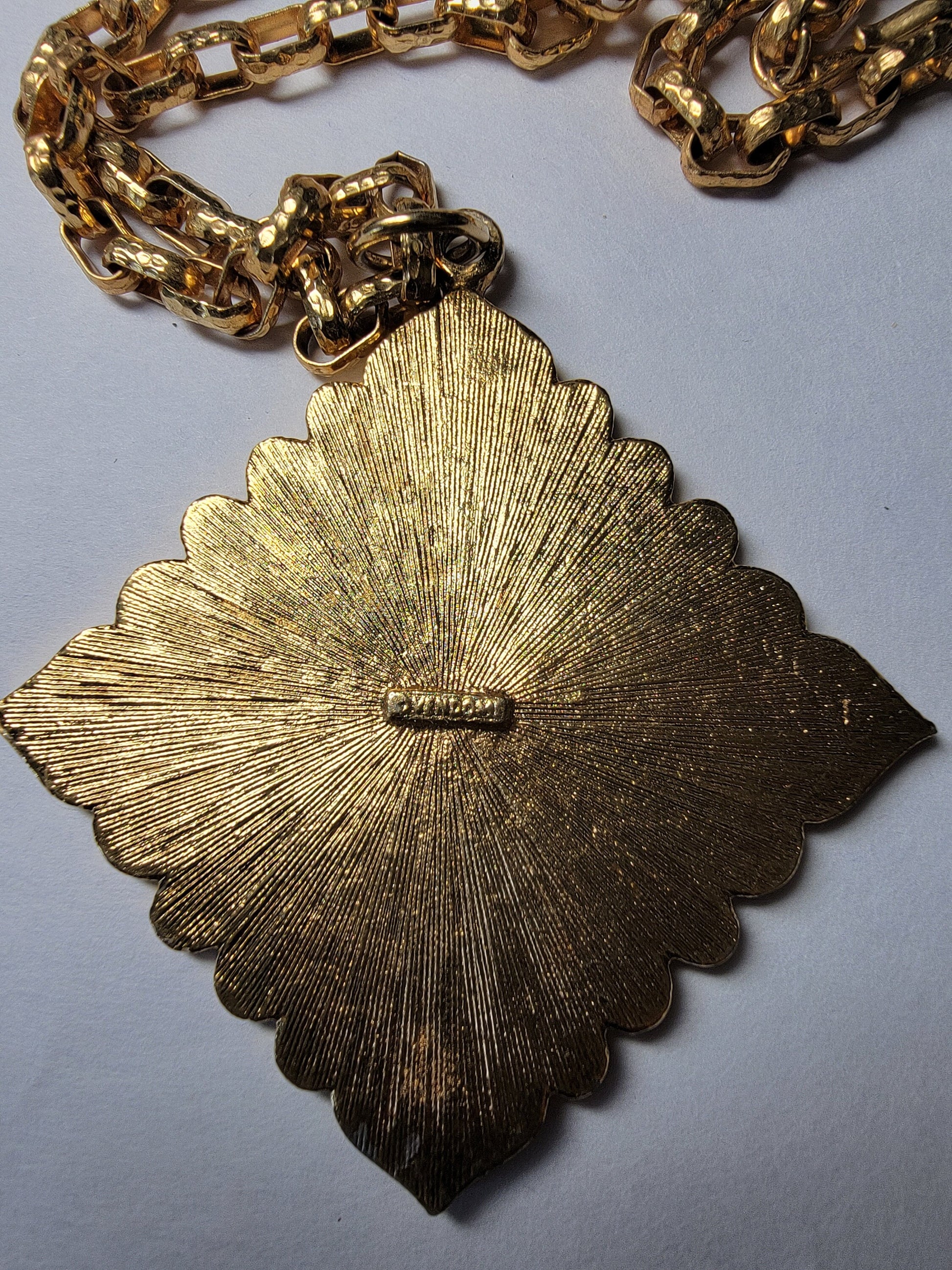 Vendome Goldtone Multicolor Stamped Pendant Necklace, Stamped Vintage Pendant Necklace