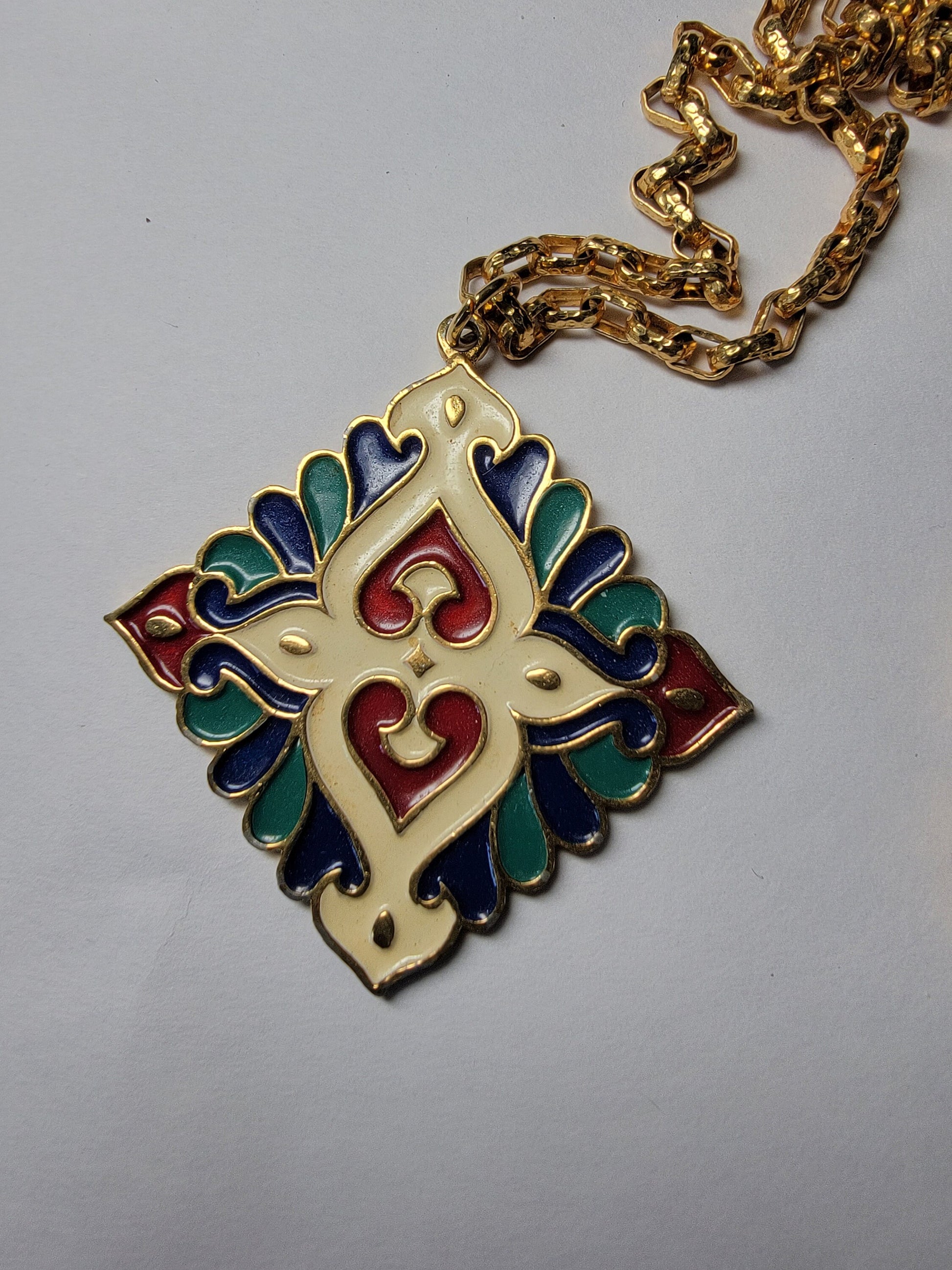 Vendome Goldtone Multicolor Stamped Pendant Necklace, Stamped Vintage Pendant Necklace