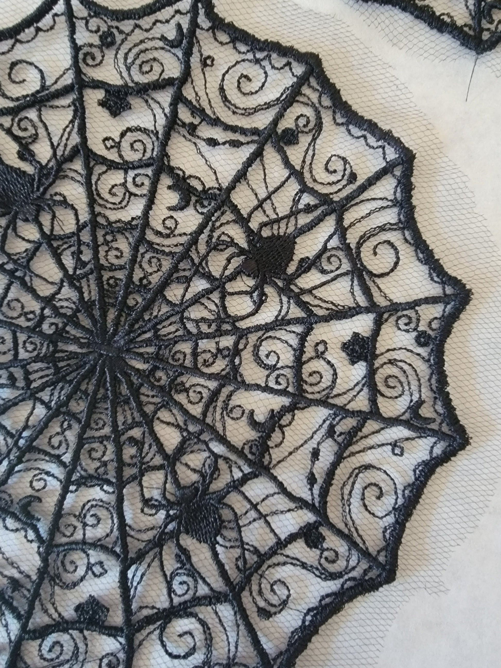 Spider Web Embroidery, Halloween, 1 or a Set of 3 Spider Web Doilies, Black Decorations, Gorgeous Goth Black Centerpiece, Moody Goth Decor