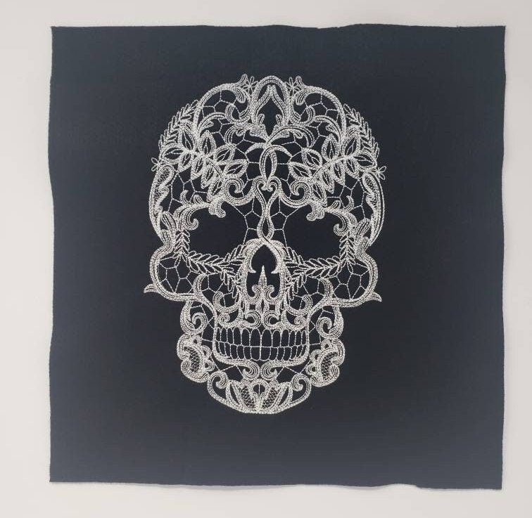 Skull Lace on Fabric. Skull Lace Applique, Embroidered, Vintage, Skeleton, Goth Style, Halloween, Horror, Spooky Season, Trick or Treat