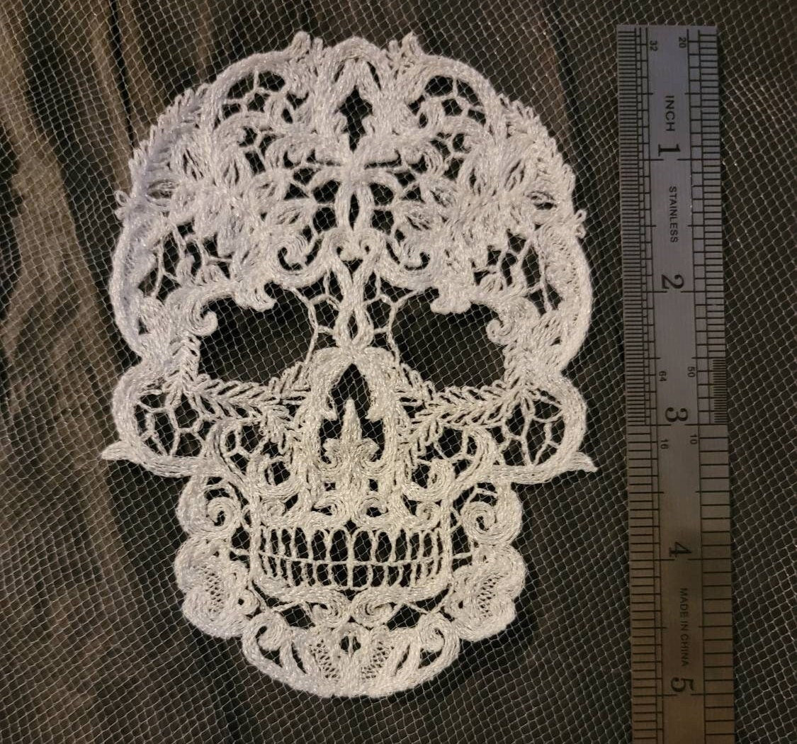 Skull Lace on Fabric. Skull Lace Applique, Embroidered, Vintage, Skeleton, Goth Style, Halloween, Horror, Spooky Season, Trick or Treat