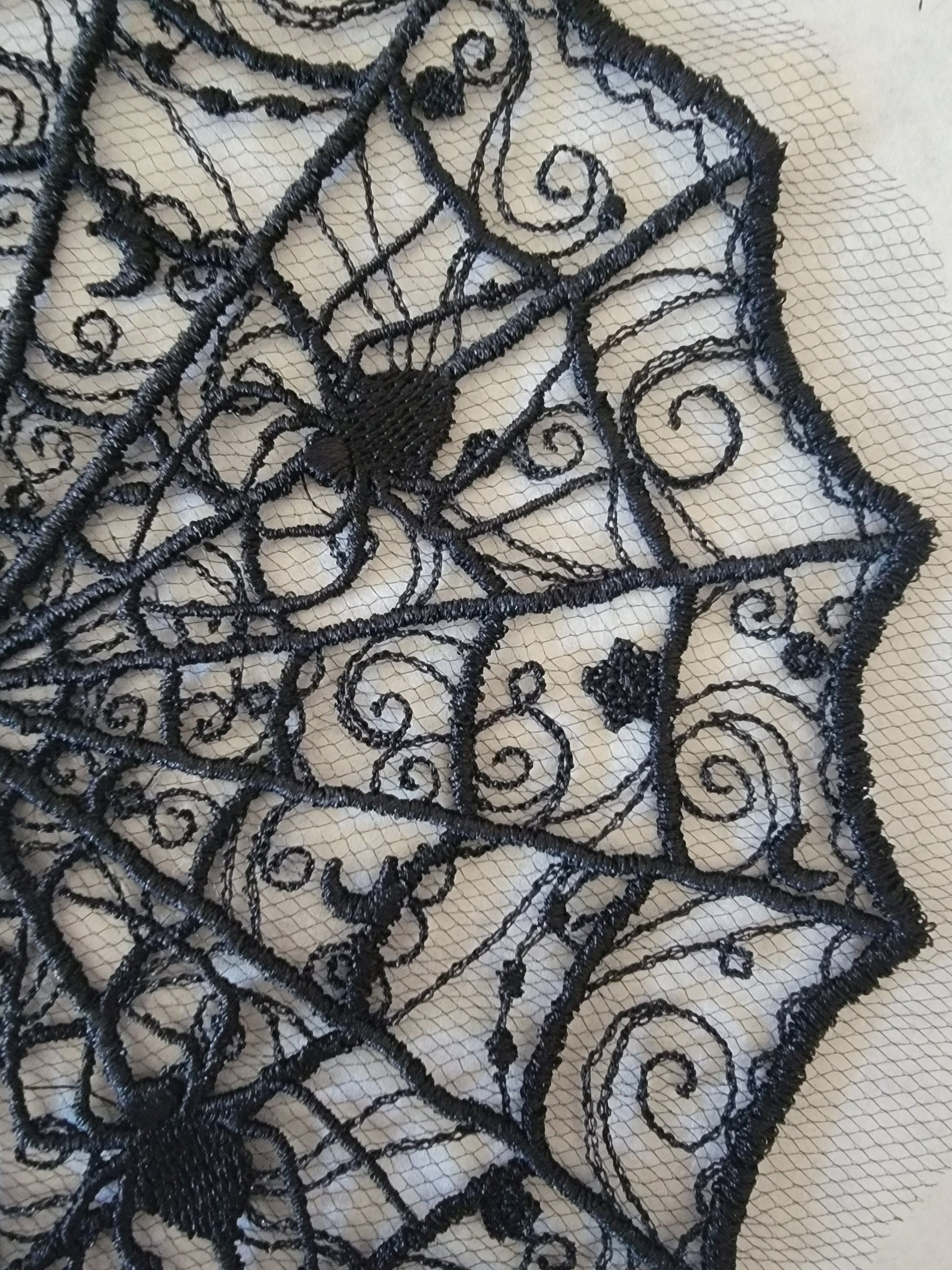 Spider Web Embroidery, Halloween, 1 or a Set of 3 Spider Web Doilies, Black Decorations, Gorgeous Goth Black Centerpiece, Moody Goth Decor