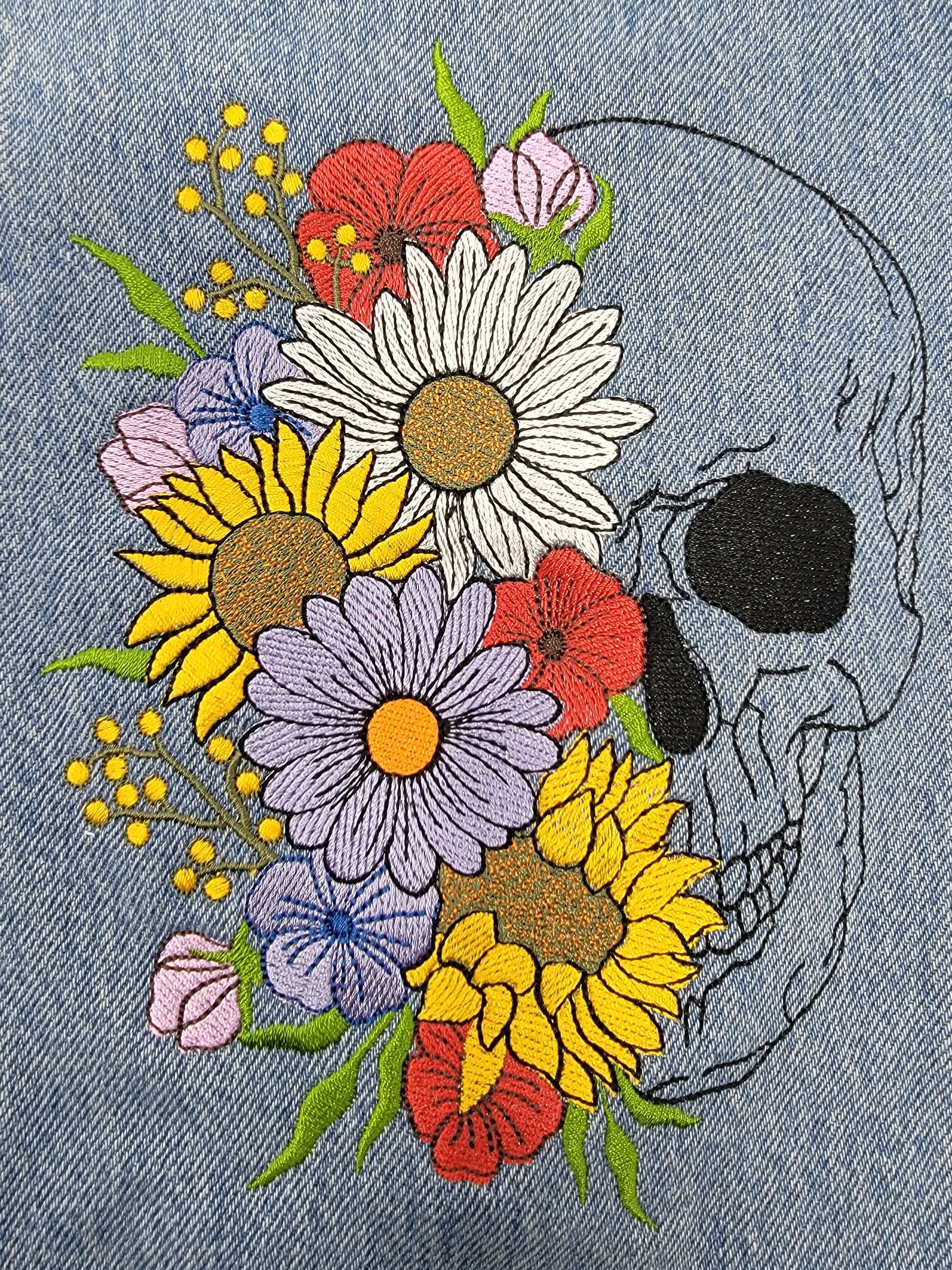 Skull, Floral Skull Decorations, Halloween Decor, Gothic, Embroidery Wall Hanging, Spooky Decorations, Pillows, Panels, Recycled, Upcycled