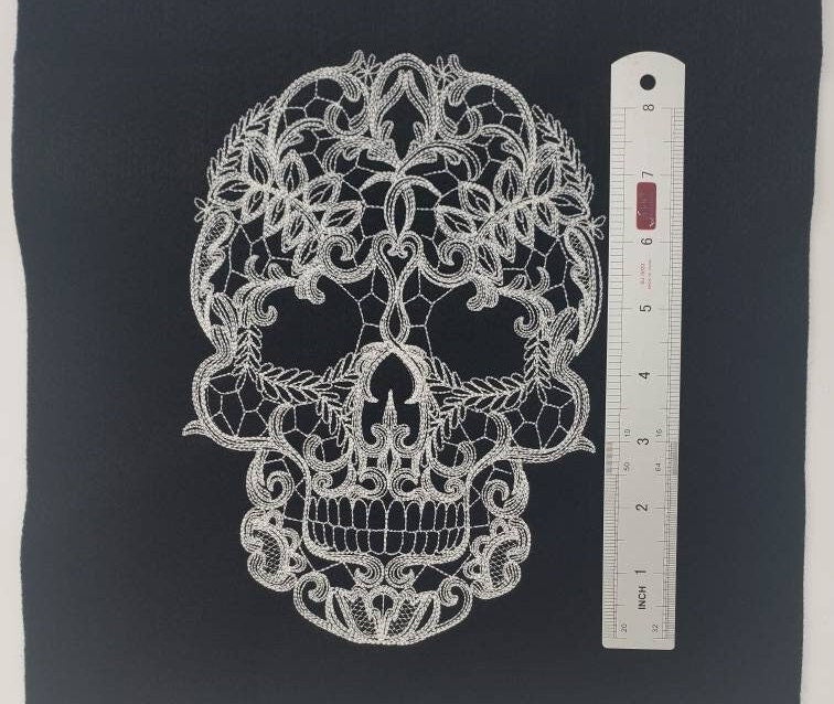 Skull Lace on Fabric. Skull Lace Applique, Embroidered, Vintage, Skeleton, Goth Style, Halloween, Horror, Spooky Season, Trick or Treat