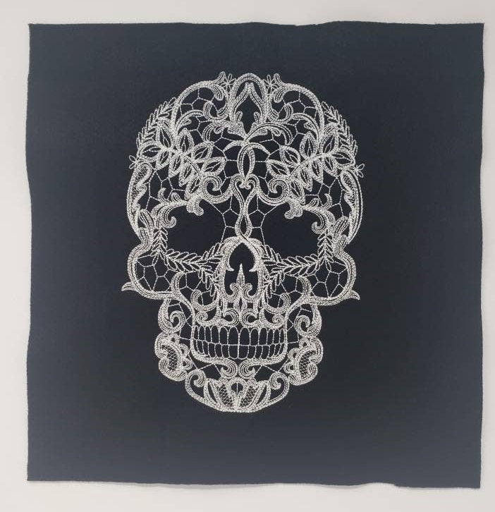 Skull Lace on Fabric. Skull Lace Applique, Embroidered, Vintage, Skeleton, Goth Style, Halloween, Horror, Spooky Season, Trick or Treat