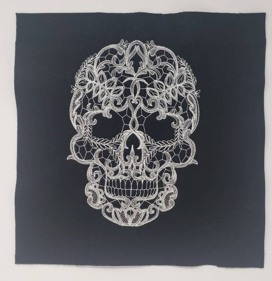 Skull Lace on Fabric. Skull Lace Applique, Embroidered, Vintage, Skeleton, Goth Style, Halloween, Horror, Spooky Season, Trick or Treat
