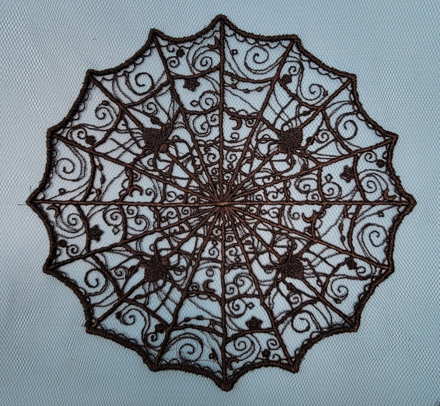 Spider Web Embroidery, Halloween, 1 or a Set of 3 Spider Web Doilies, Black Decorations, Gorgeous Goth Black Centerpiece, Moody Goth Decor