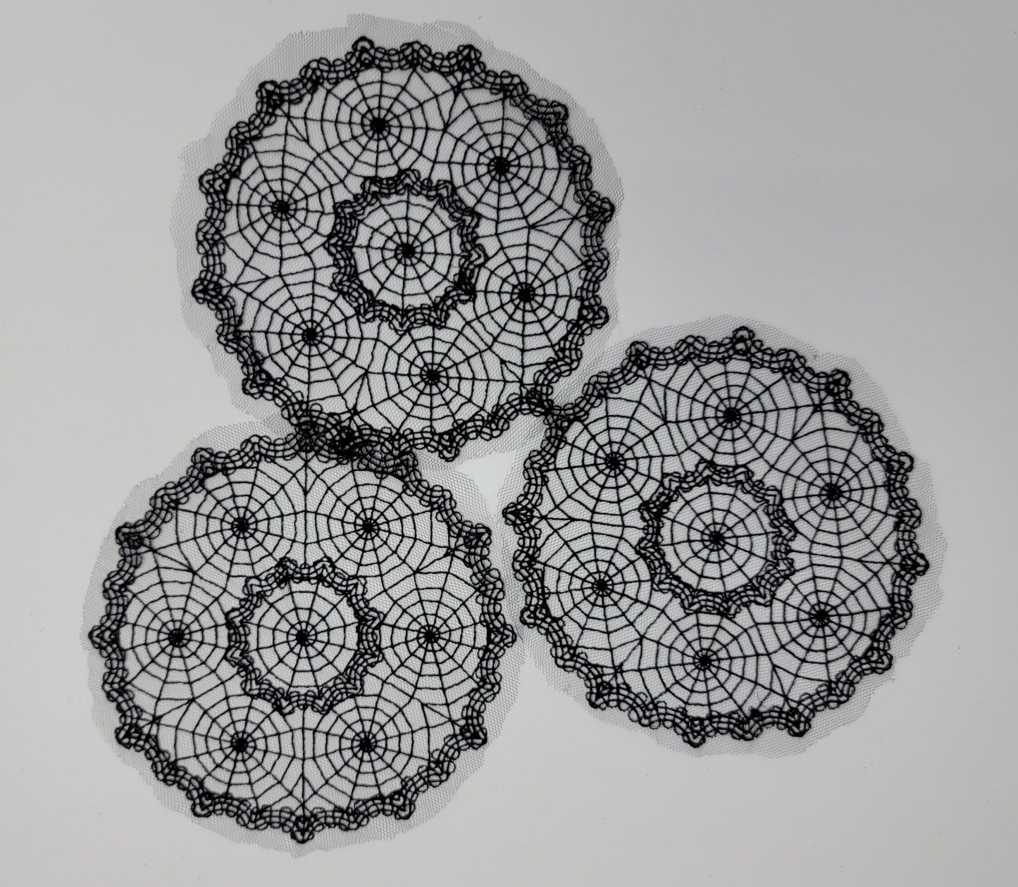 Spiderweb, Halloween Web Lace Doily, Intricate Black Lace Cob Web Centerpiece, 3 piece Set