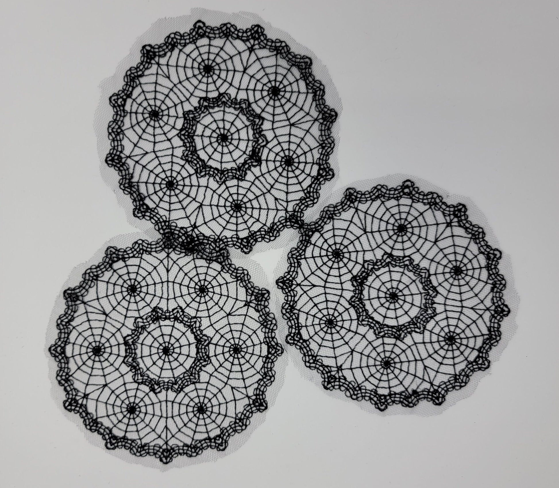 Spiderweb, Halloween Web Lace Doily, Intricate Black Lace Cob Web Centerpiece, 3 piece Set