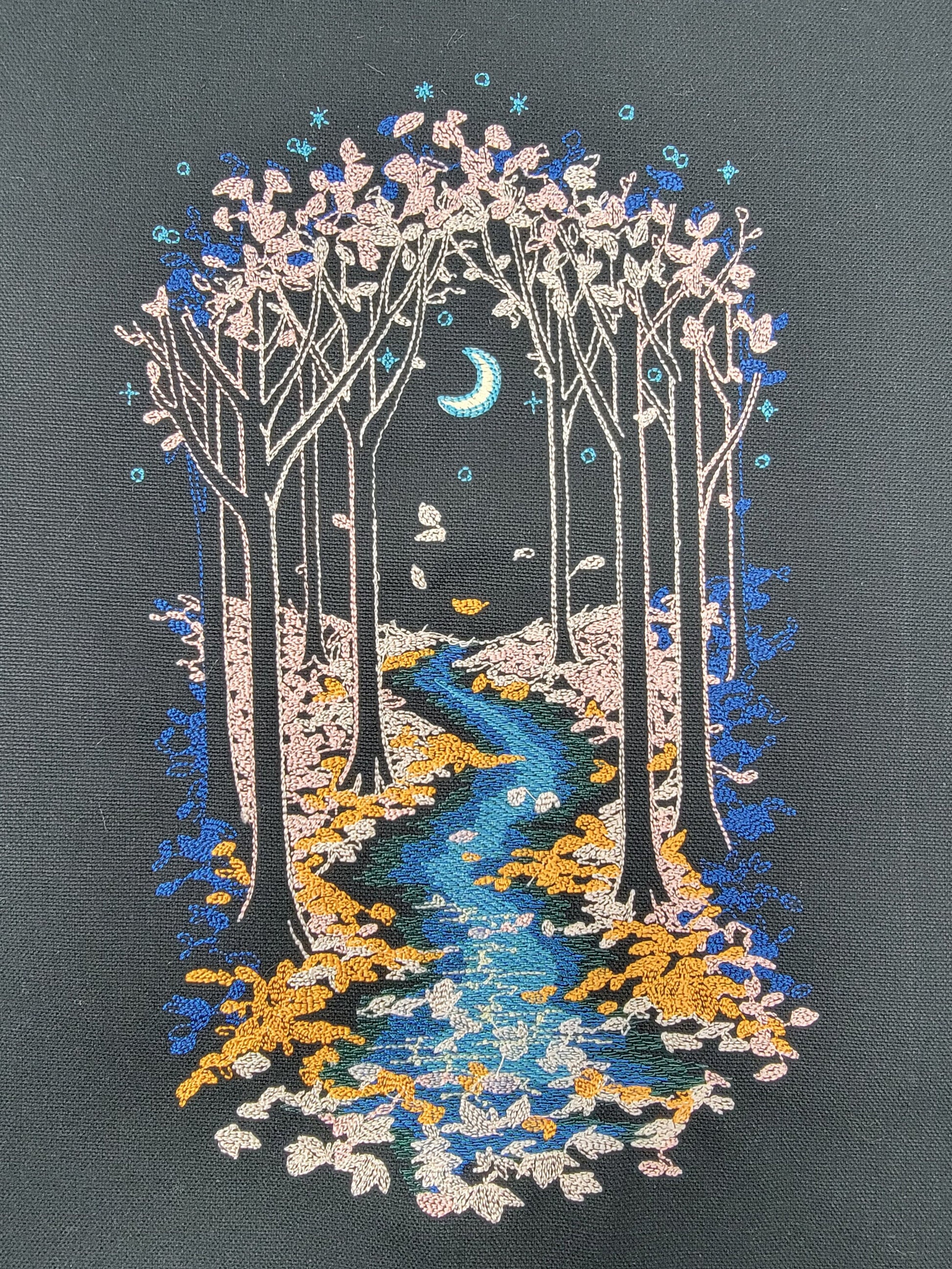 Moonlit Evening Forest River Tapestry, Moon, River, Embroidery