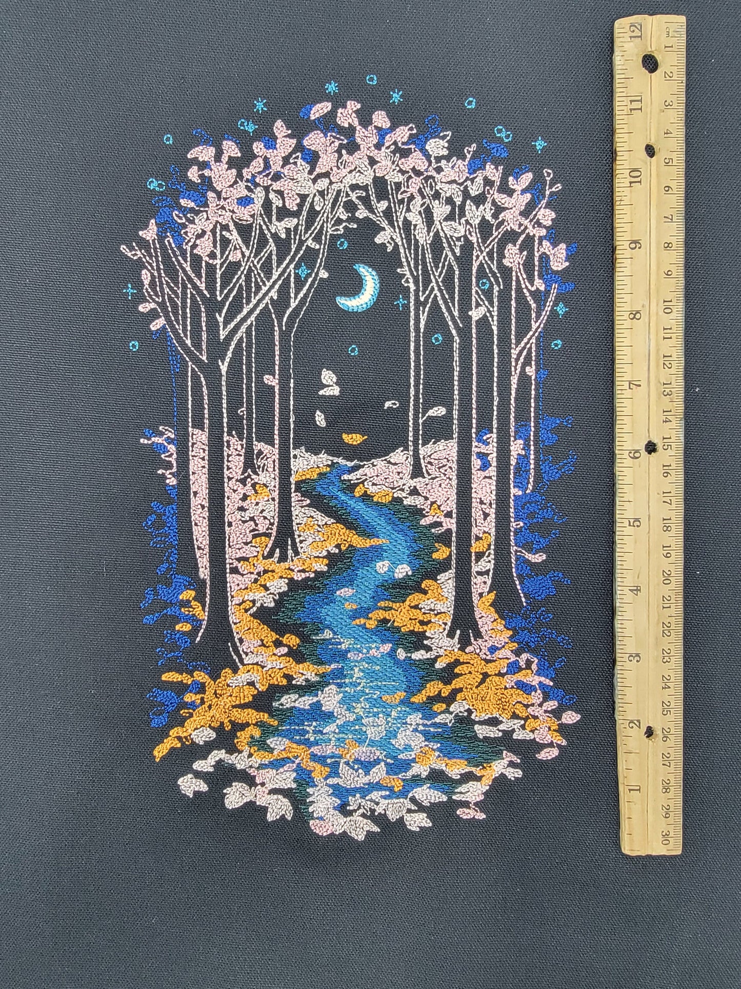 Moonlit Evening Forest River Tapestry, Moon, River, Embroidery