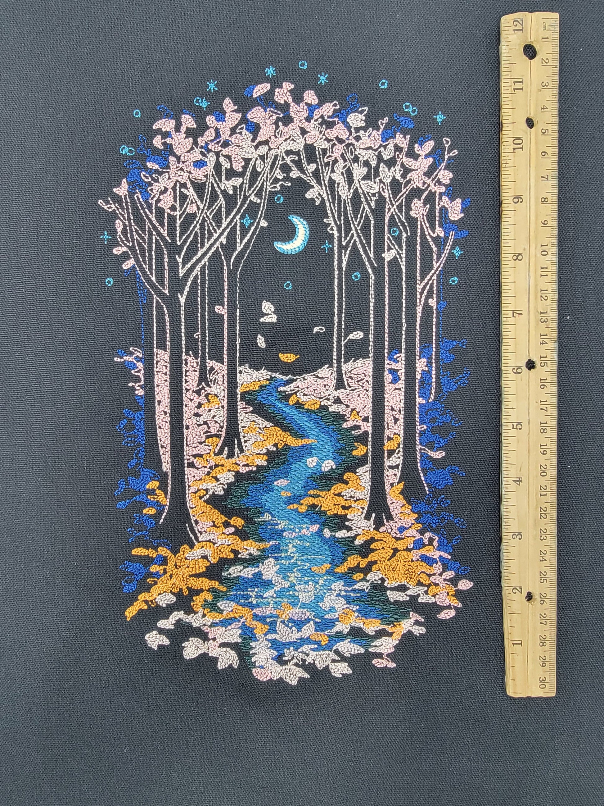 Moonlit Evening Forest River Tapestry, Moon, River, Embroidery