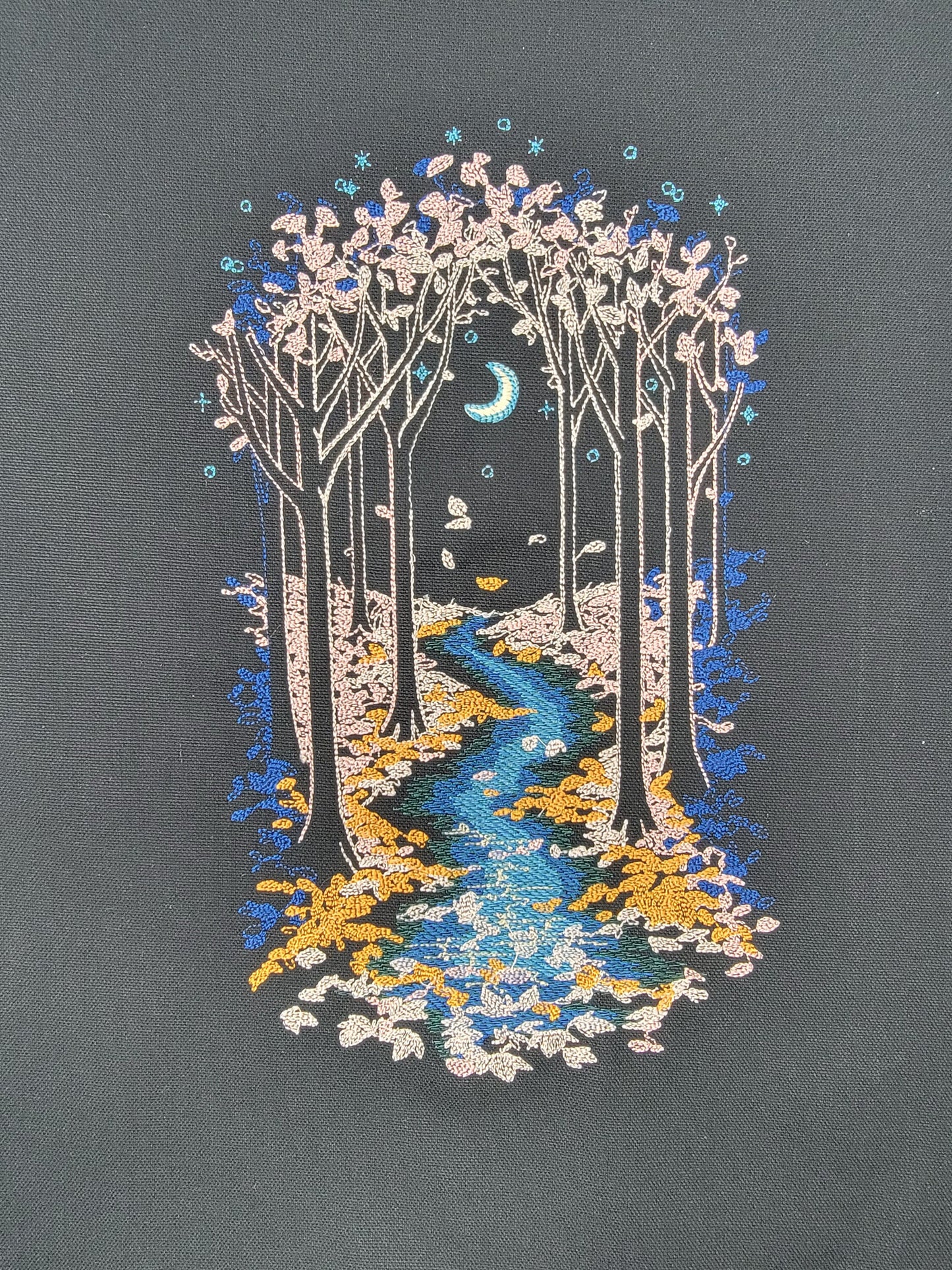 Moonlit Evening Forest River Tapestry, Moon, River, Embroidery