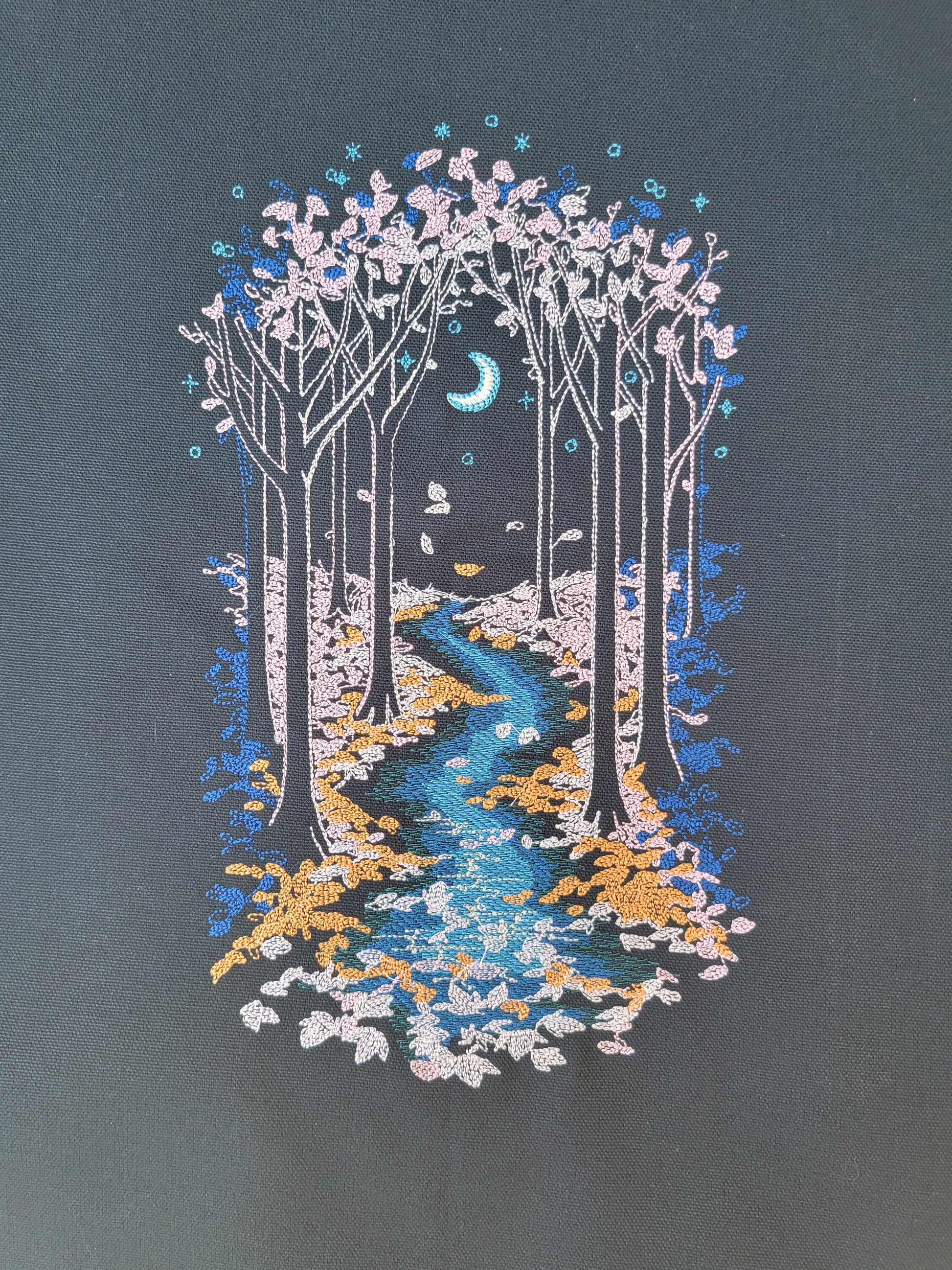 Moonlit Evening Forest River Tapestry, Moon, River, Embroidery