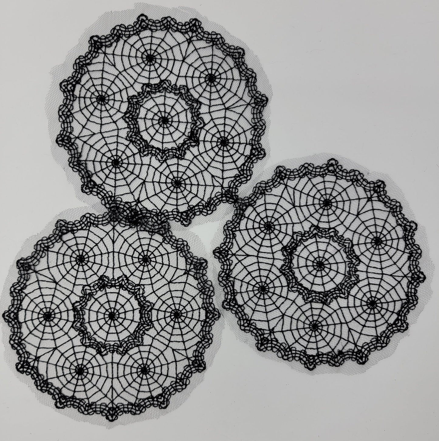 Spiderweb, Halloween Web Lace Doily, Intricate Black Lace Cob Web Centerpiece, 3 piece Set