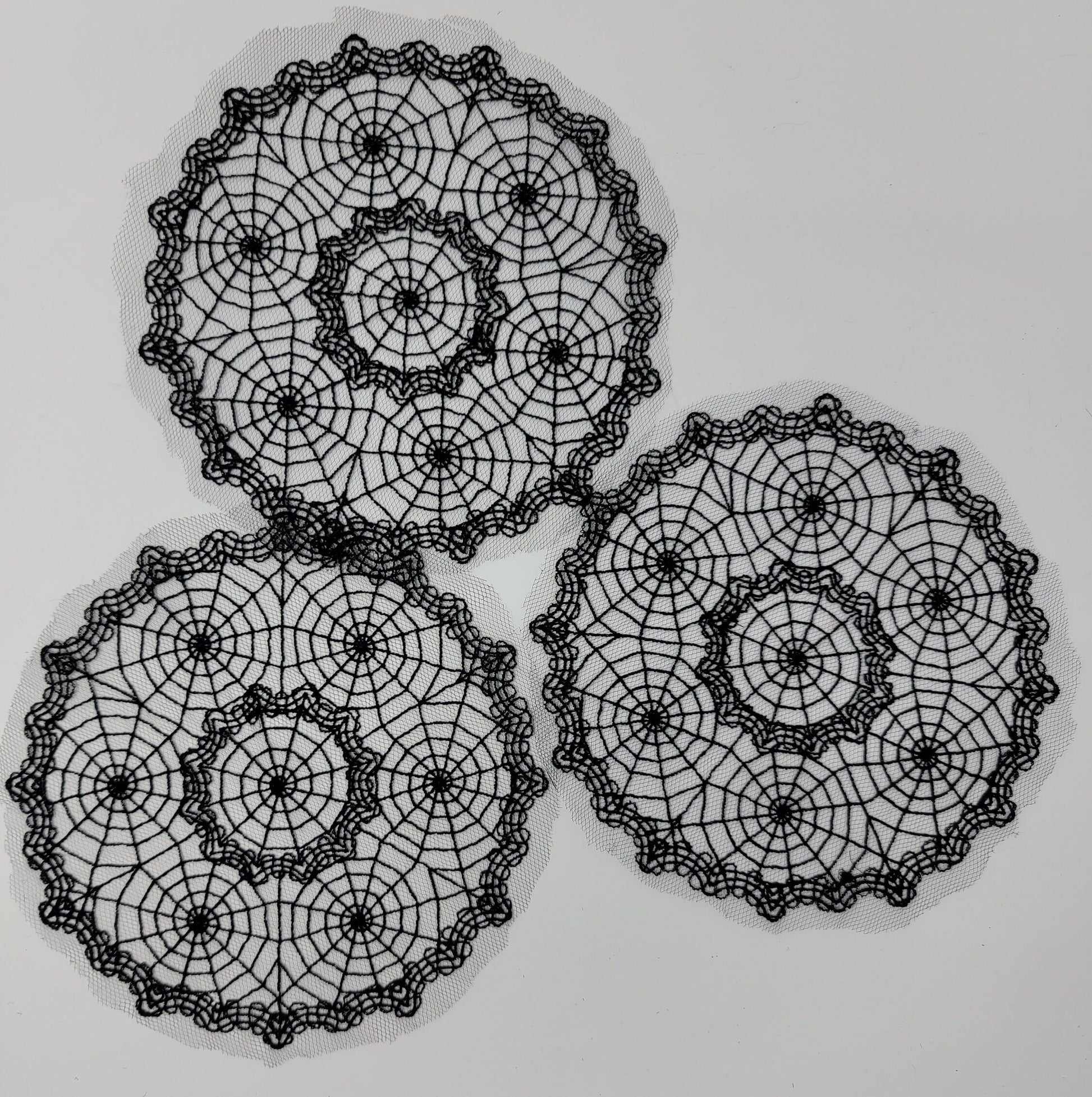 Spiderweb, Halloween Web Lace Doily, Intricate Black Lace Cob Web Centerpiece, 3 piece Set