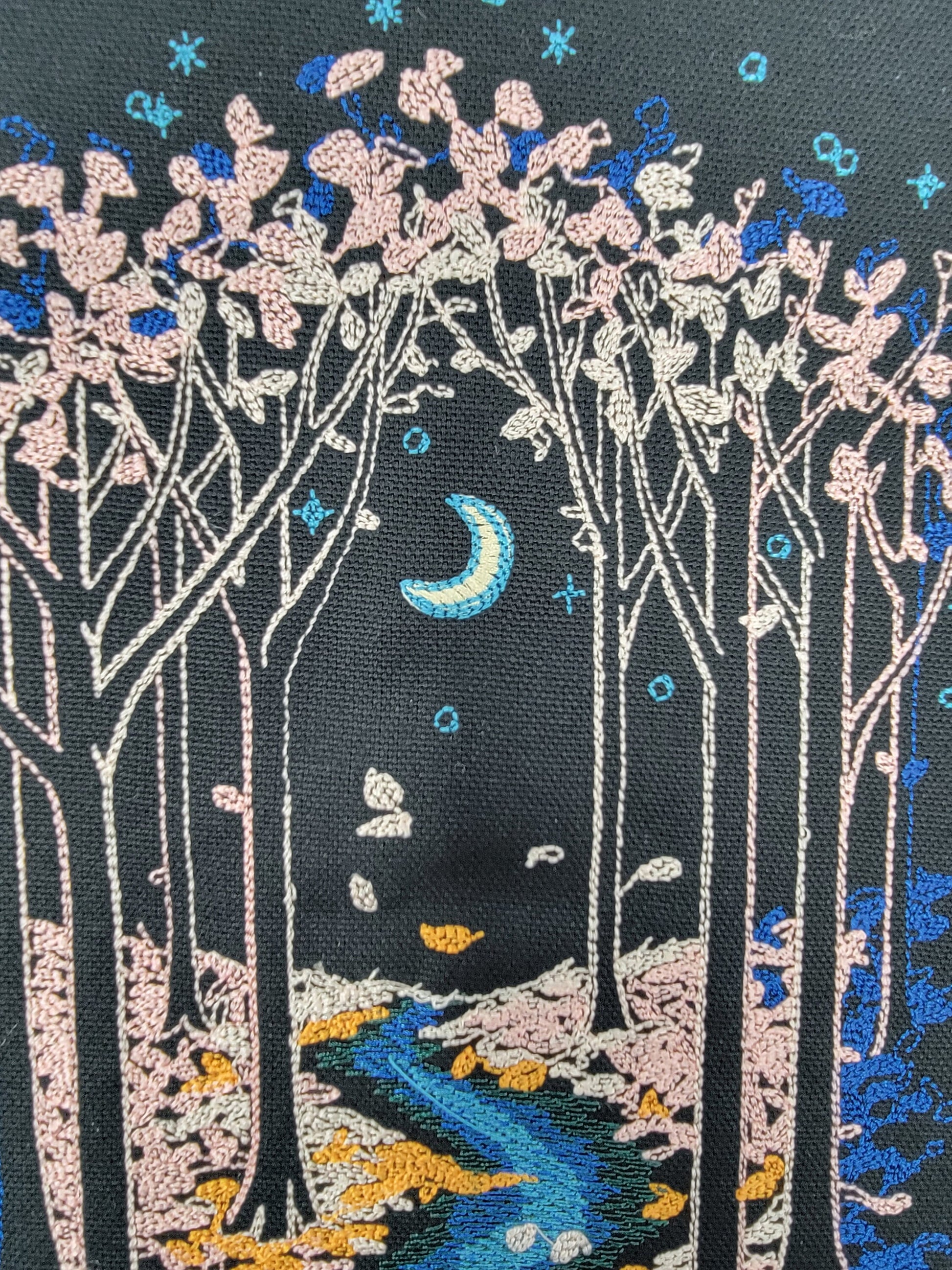 Moonlit Evening Forest River Tapestry, Moon, River, Embroidery