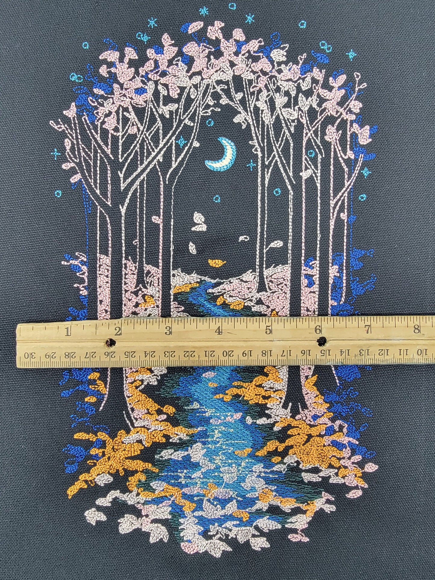 Moonlit Evening Forest River Tapestry, Moon, River, Embroidery