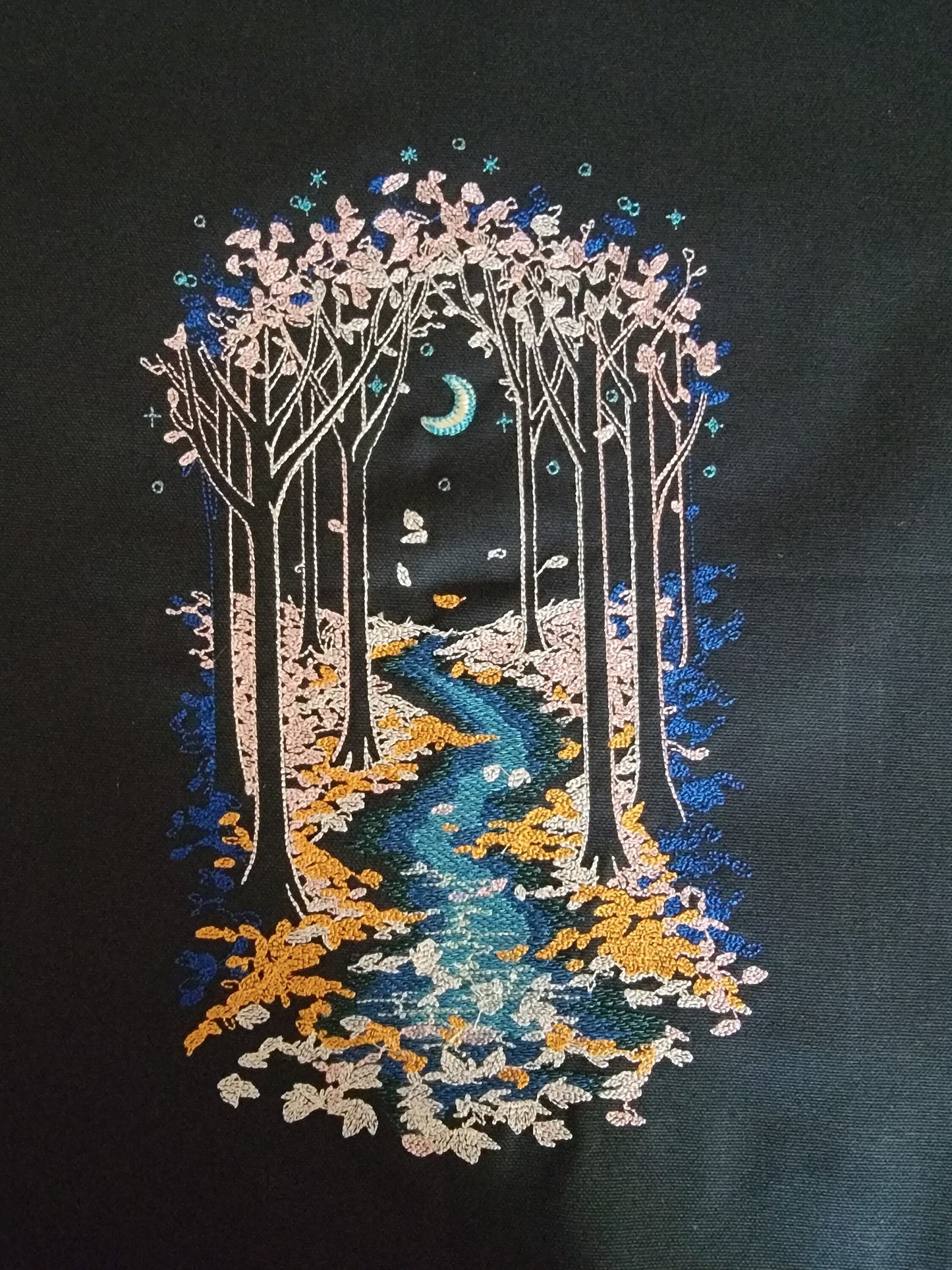 Moonlit Evening Forest River Tapestry, Moon, River, Embroidery