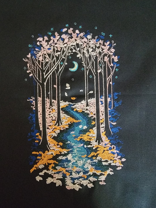 Moonlit Evening Forest River Tapestry, Moon, River, Embroidery