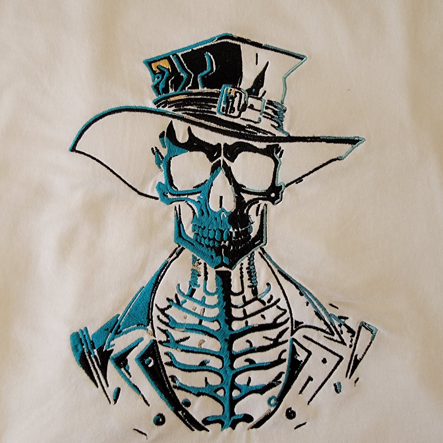 Skeleton, Dark and Eerie, Spooky Embroidered Skeleton Tapestry, Skeleton Wall Hanging, Fancy Skull, Gifts, Skeleton Cowboy, Motorcycle Patch