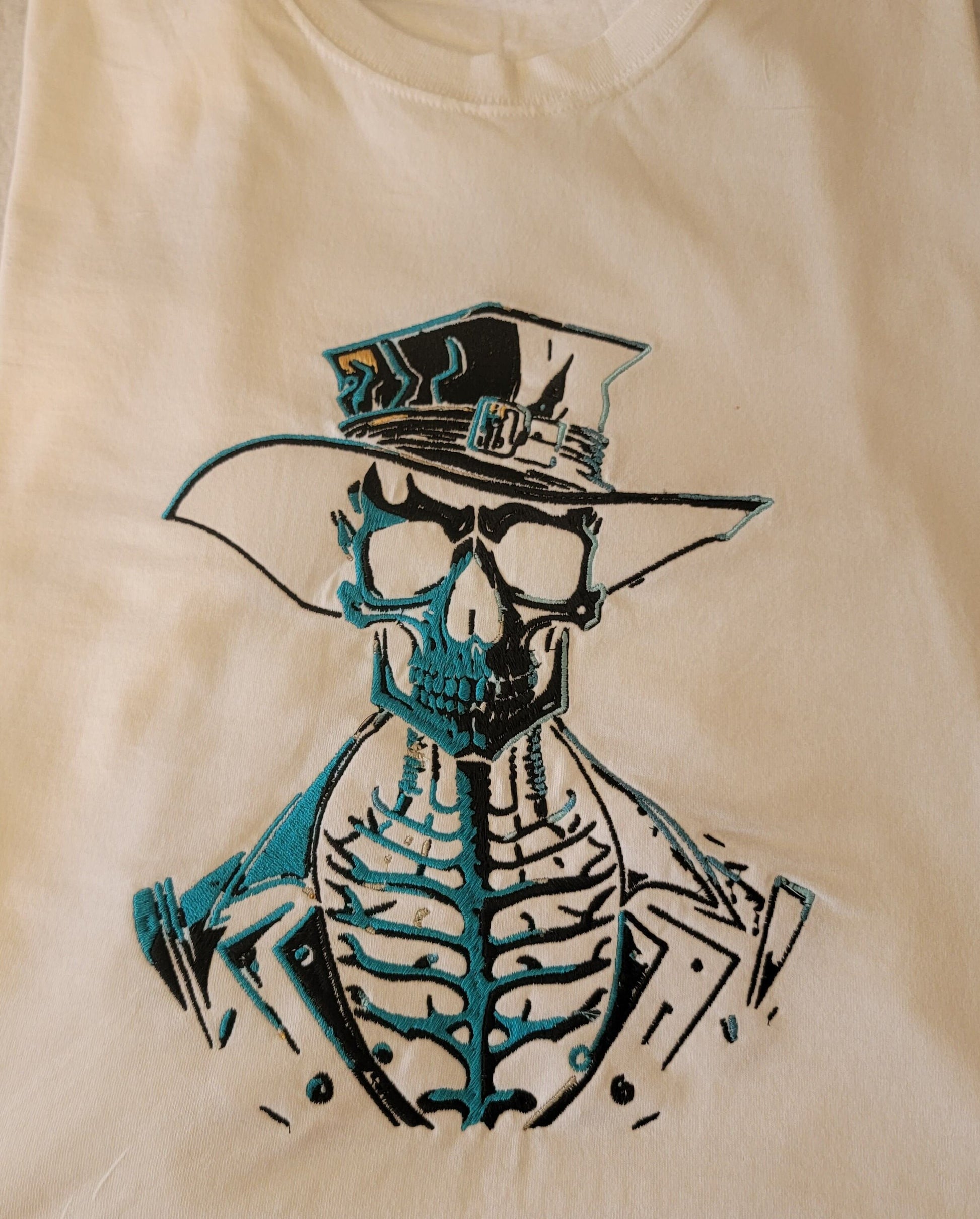 Skeleton, Dark and Eerie, Spooky Embroidered Skeleton Tapestry, Skeleton Wall Hanging, Fancy Skull, Gifts, Skeleton Cowboy, Motorcycle Patch