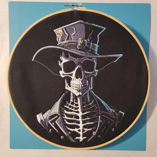 Skeleton, Dark and Eerie, Spooky Embroidered Skeleton Tapestry, Skeleton Wall Hanging, Fancy Skull, Gifts, Skeleton Cowboy, Motorcycle Patch
