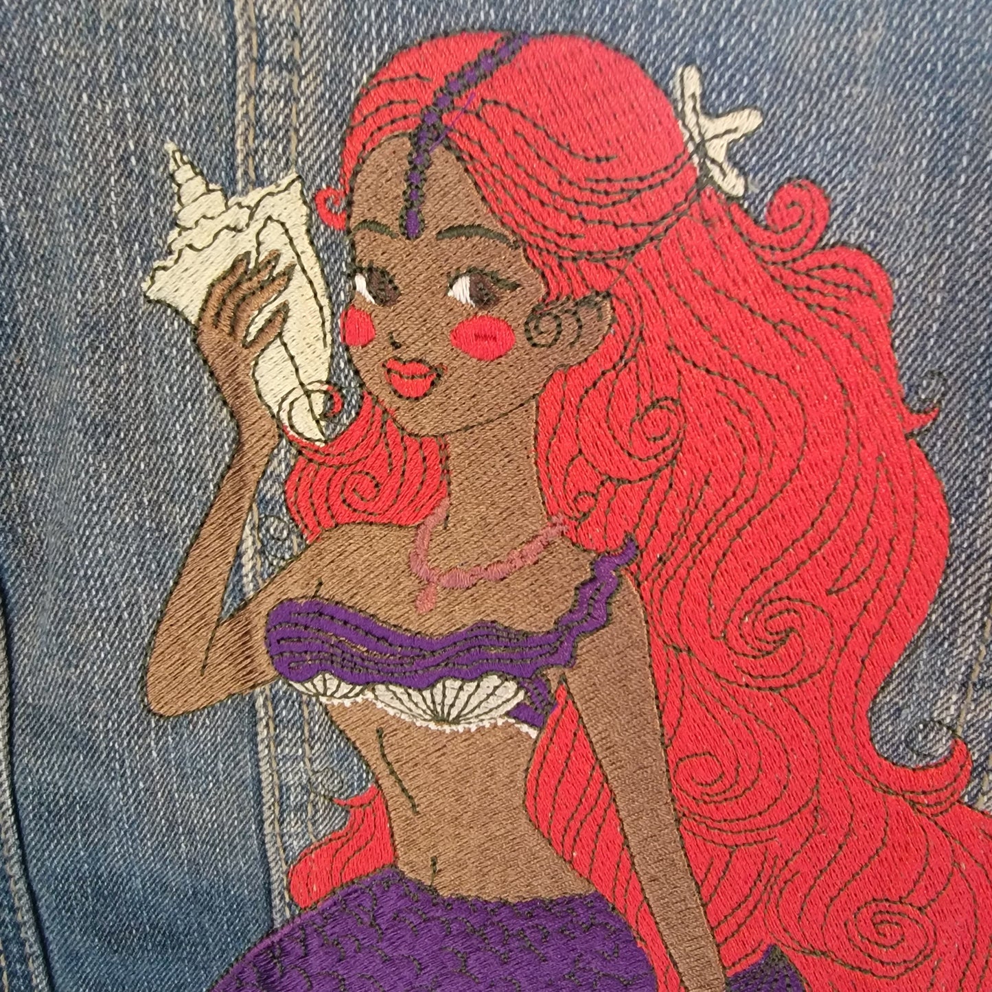 Mermaid, Black Mermaid Denim Jacket, Embroidered, Character Jacket, HWY Jeans, Highway Jacket Size M, Kids to Adult Jean Jacket