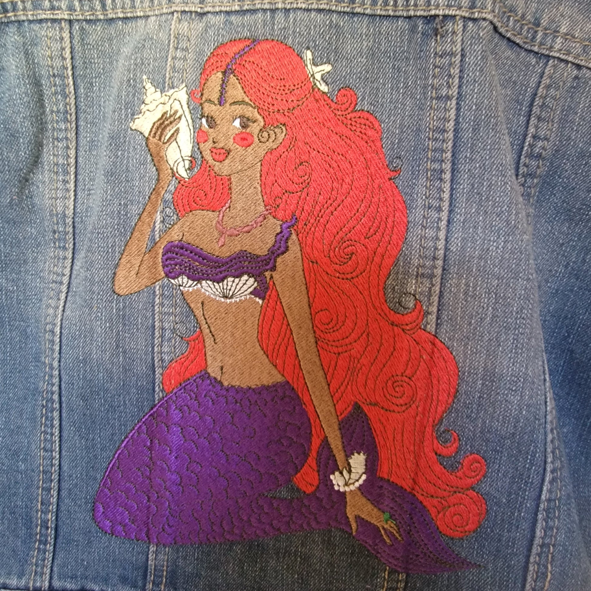 Mermaid, Black Mermaid Denim Jacket, Embroidered, Character Jacket, HWY Jeans, Highway Jacket Size M, Kids to Adult Jean Jacket