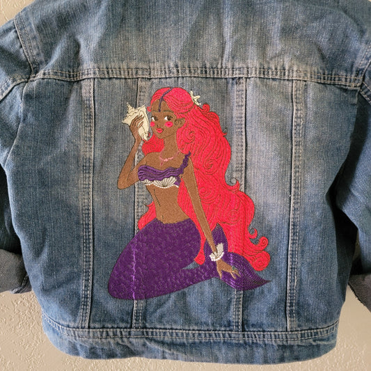 Mermaid, Black Mermaid Denim Jacket, Embroidered, Character Jacket, HWY Jeans, Highway Jacket Size M, Kids to Adult Jean Jacket