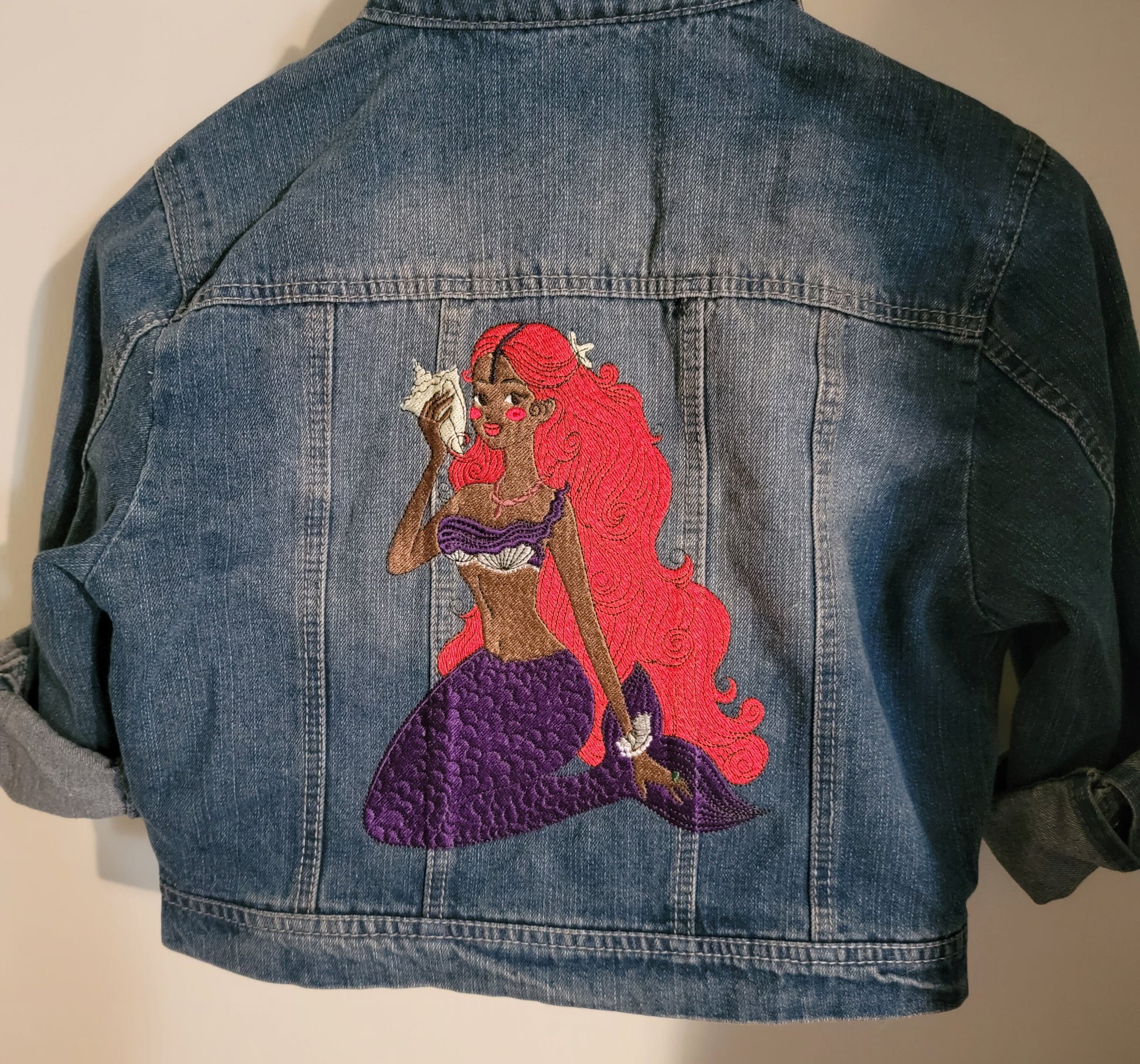 Mermaid, Black Mermaid Denim Jacket, Embroidered, Character Jacket, HWY Jeans, Highway Jacket Size M, Kids to Adult Jean Jacket