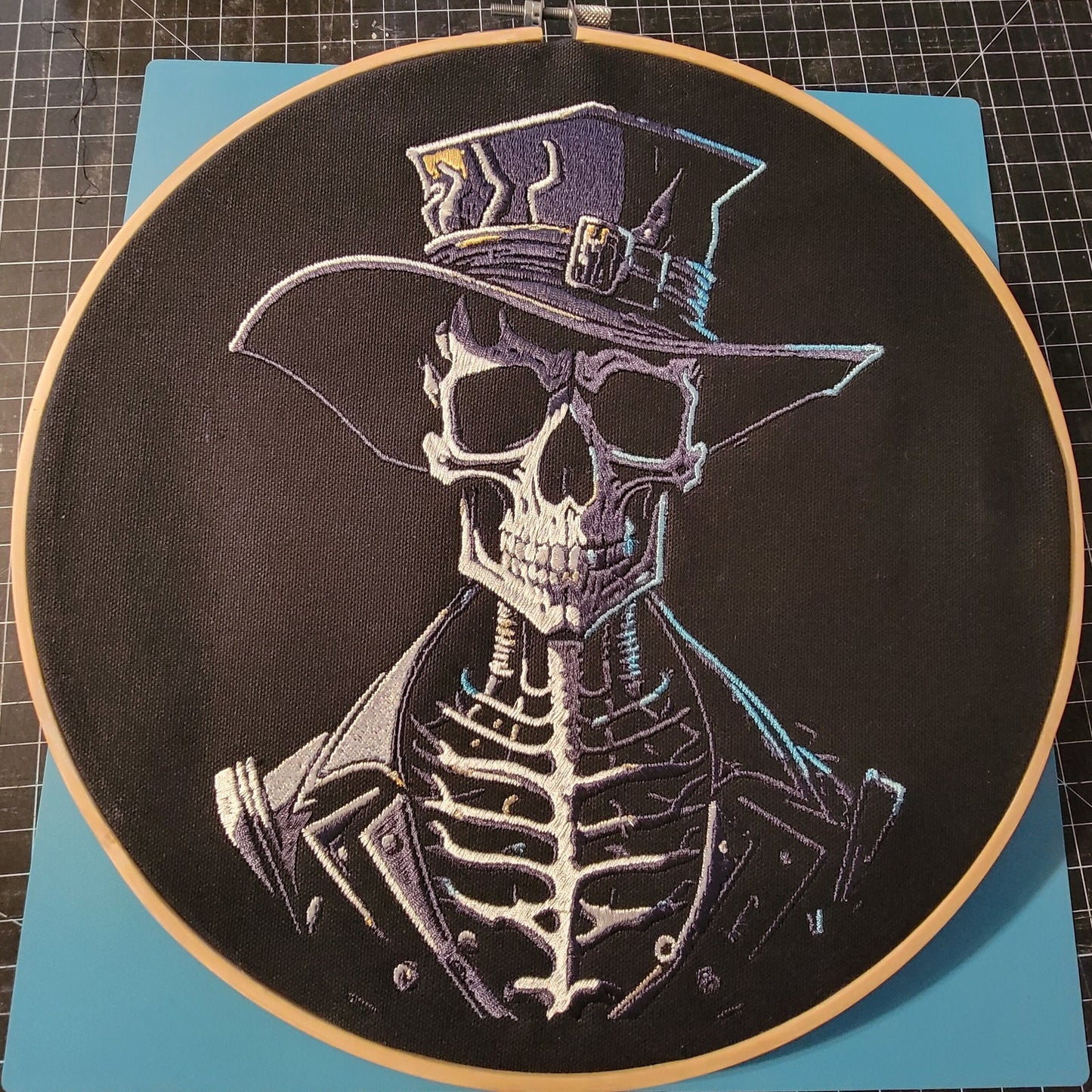 Skeleton, Dark and Eerie, Spooky Embroidered Skeleton Tapestry, Skeleton Wall Hanging, Fancy Skull, Gifts, Skeleton Cowboy, Motorcycle Patch