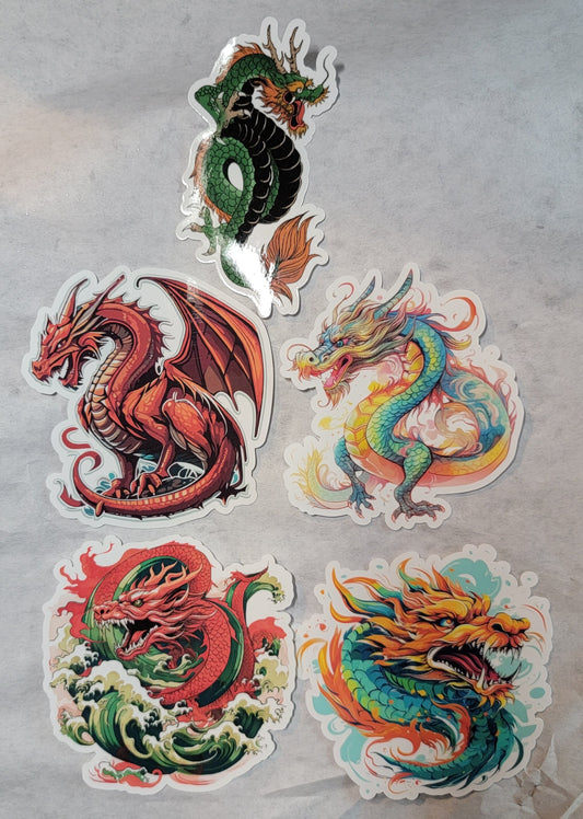 Dragon Stickers, Set of 5 Waterproof Vinyl Glossy Dragons, GOT inspired, Scary