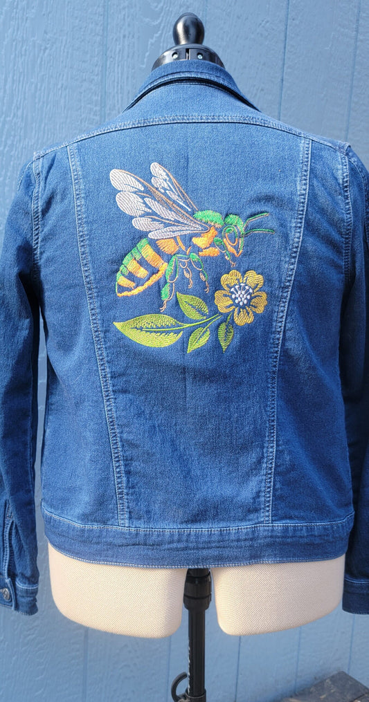 Denim Jacket, Embroidered Bee and Flower, Custom Jean jacket Ready to ship!