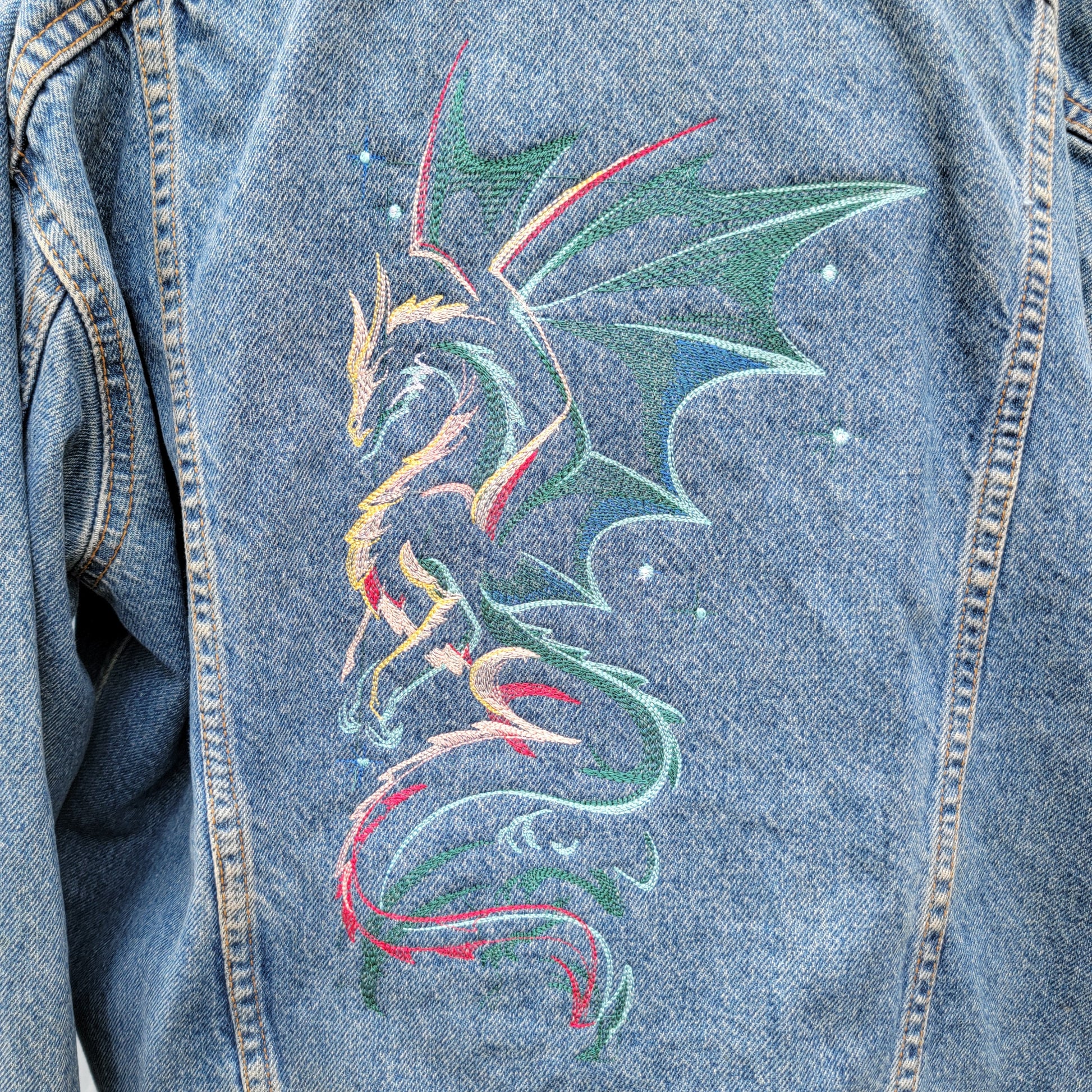 Vintage Levi 1996 Jean Jacket, OOAK Denim Women's Levi Strauss Blue Jean Jacket, Jean Jacket USA with Embroidered Dragon Design